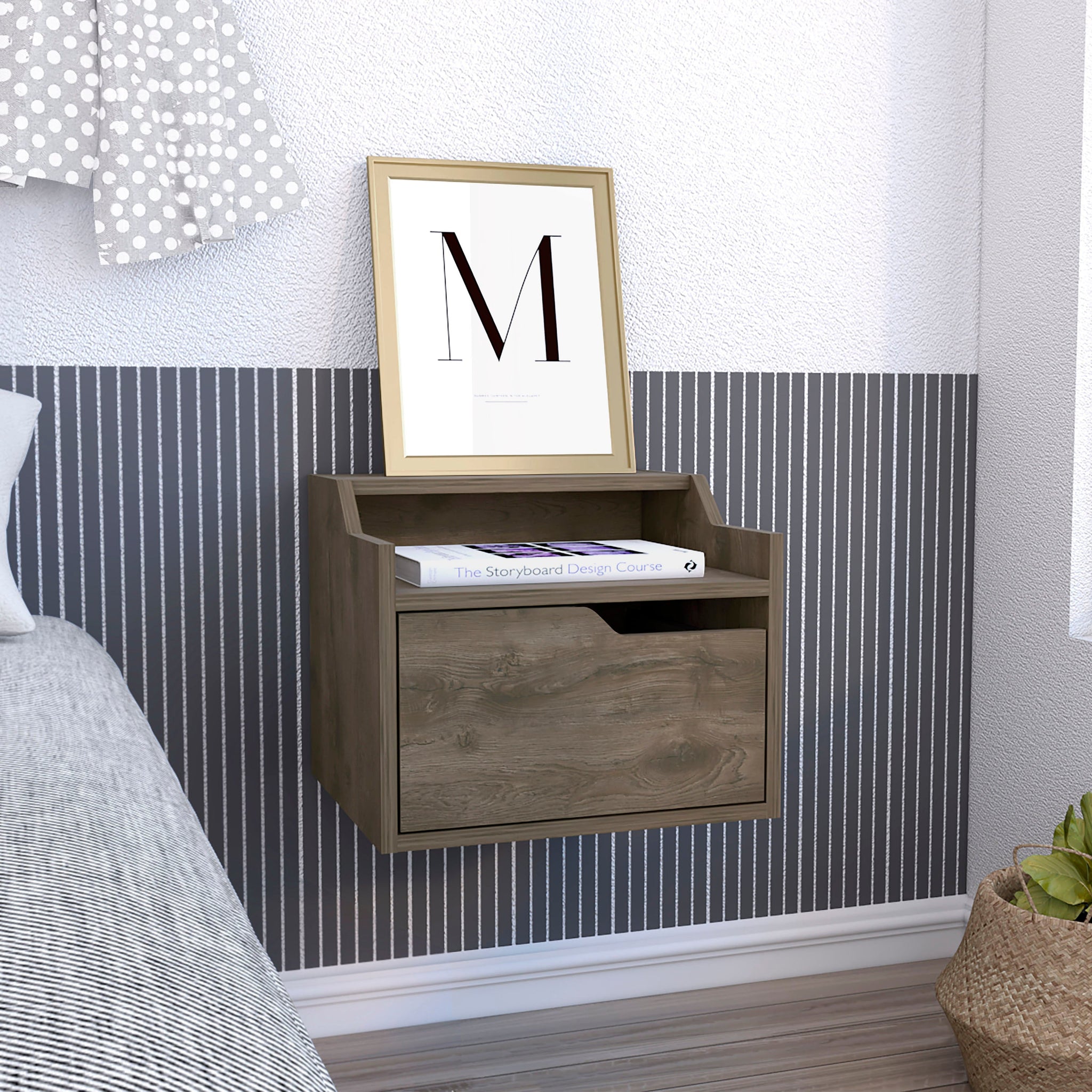 Busan Modern Floating Nightstandend Table, Side Table Single Drawer Design With Sleek Two Tiered Top Shelf Surfaces Dark Brown Bedroom Brown Particle Board Particle Board