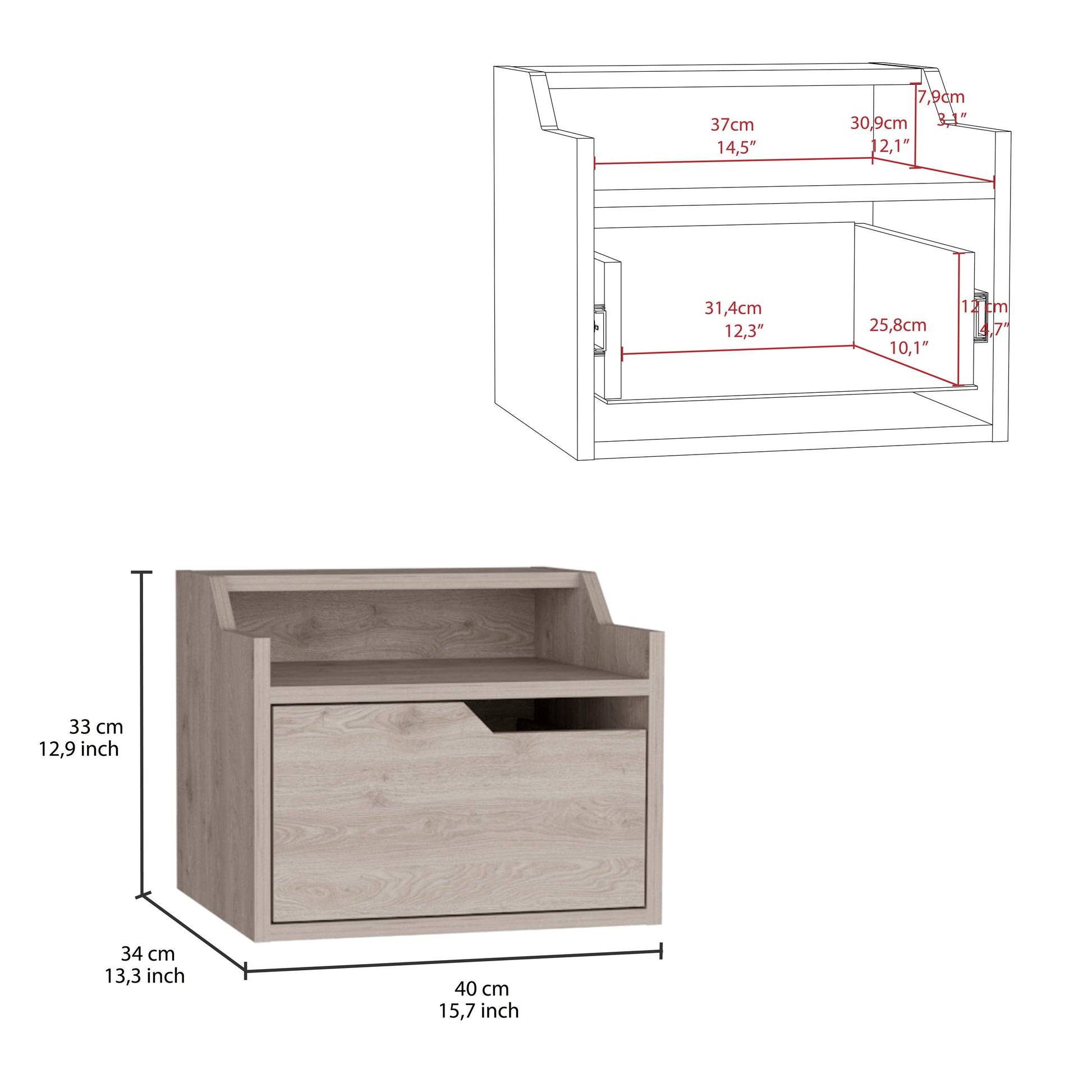 Busan Modern Floating Nightstandend Table, Side Table Single Drawer Design With Sleek Two Tiered Top Shelf Surfaces Light Grey Bedroom Gray Particle Board Particle Board