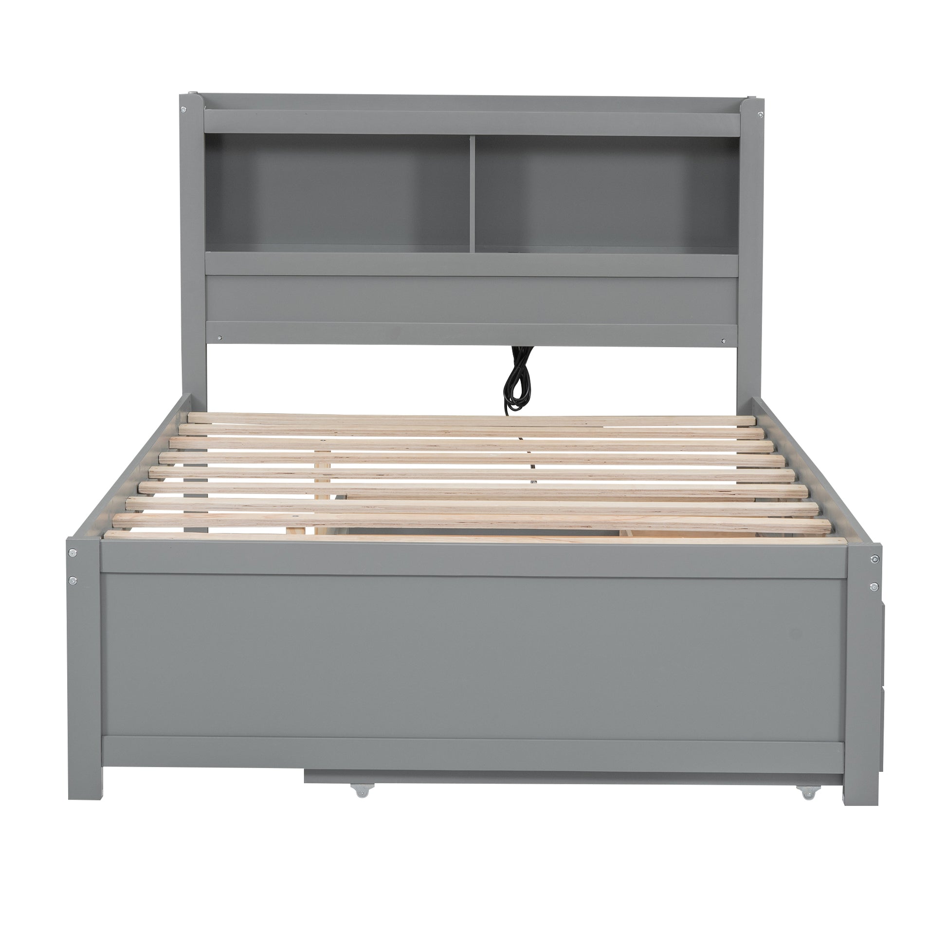 Full Size Platform Bed With Trundle, Drawers And Usb Plugs, Gray Full Gray Pine