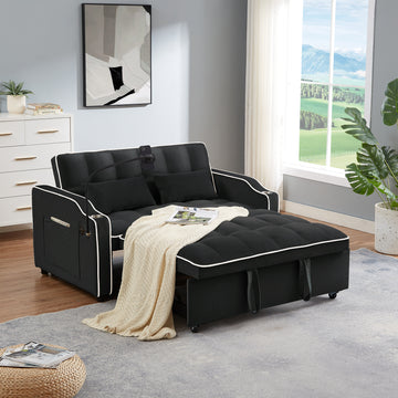 1 Versatile Foldable Sofa Bed In 3 Lengths, Modern Sofa Sofa Sofa Velvet Pull Out Bed, Adjustable Back And With Usb Port And Ashtray And Swivel Phone Stand Black Black Eucalyptus Solid Wood Mdf Resin