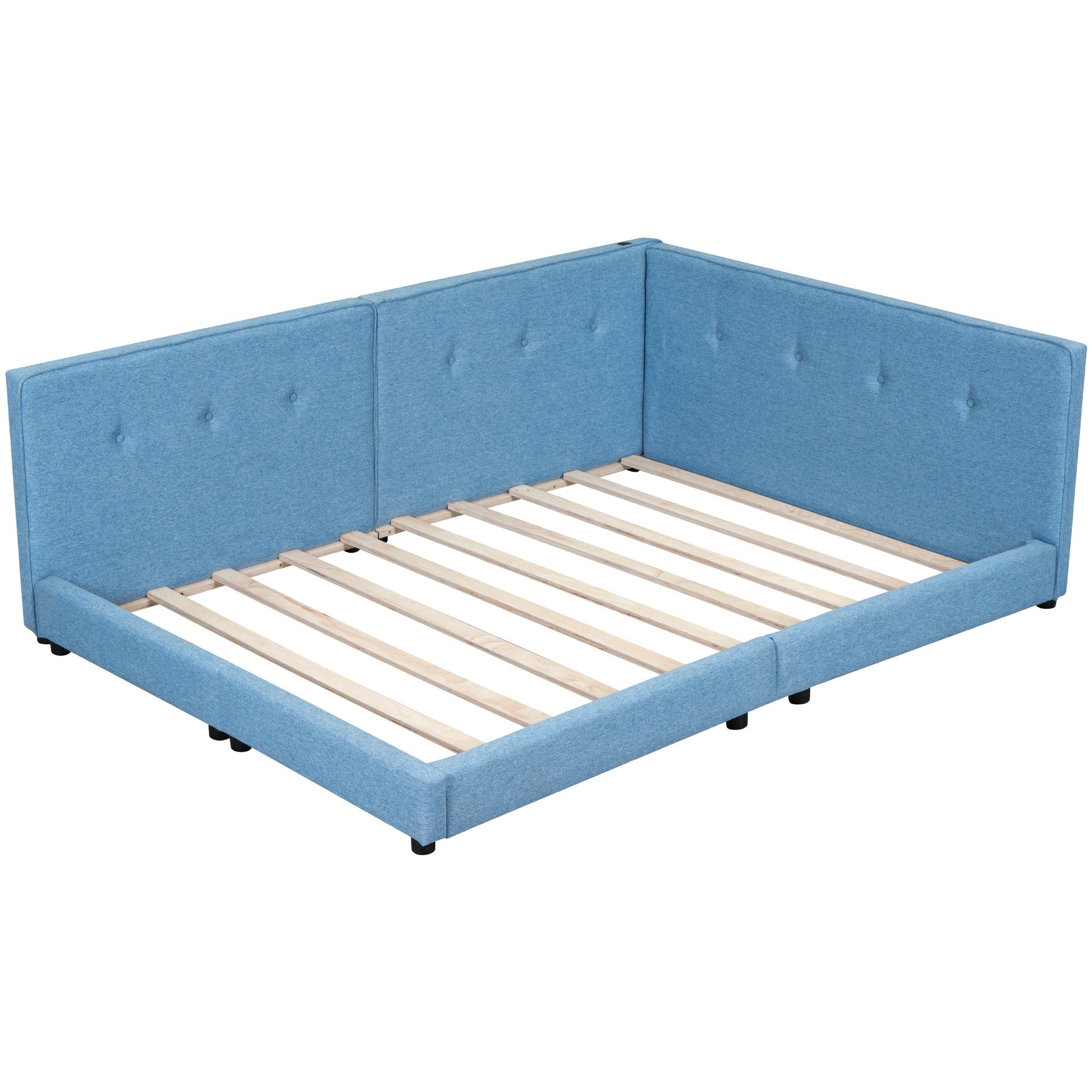 Upholstered Queen Size Platform Bed With Usb Ports, Blue Box Spring Not Required Blue Linen