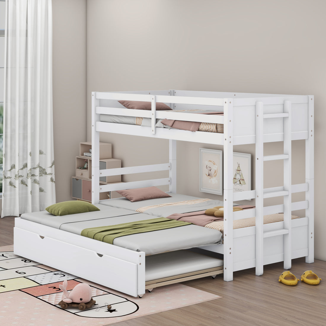 Twin Over Pull Out Bunk Bed With Trundle, White Box Spring Required Twin White Wood Brown Bedroom American Design,Artsy Pine Bed Frame Pine