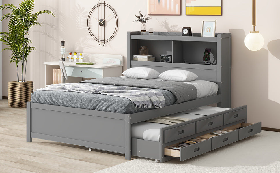 Full Size Platform Bed With Trundle, Drawers And Usb Plugs, Gray Full Gray Pine