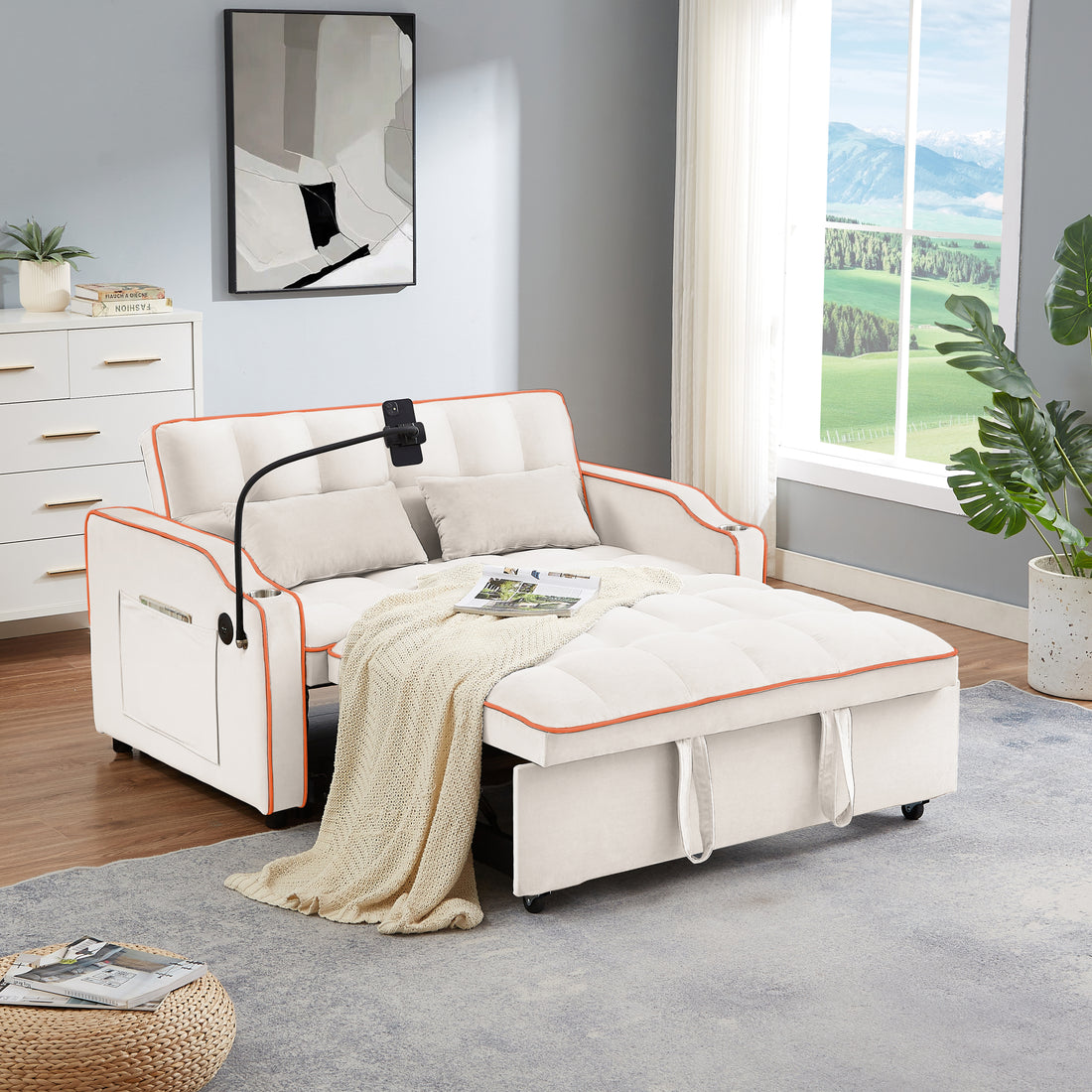 1 Versatile Foldable Sofa Bed In 3 Lengths, Modern Sofa Sofa Sofa Velvet Pull Out Bed, Adjustable Back And With Usb Port And Ashtray And Swivel Phone Stand Beige Beige Eucalyptus Solid Wood Mdf Resin