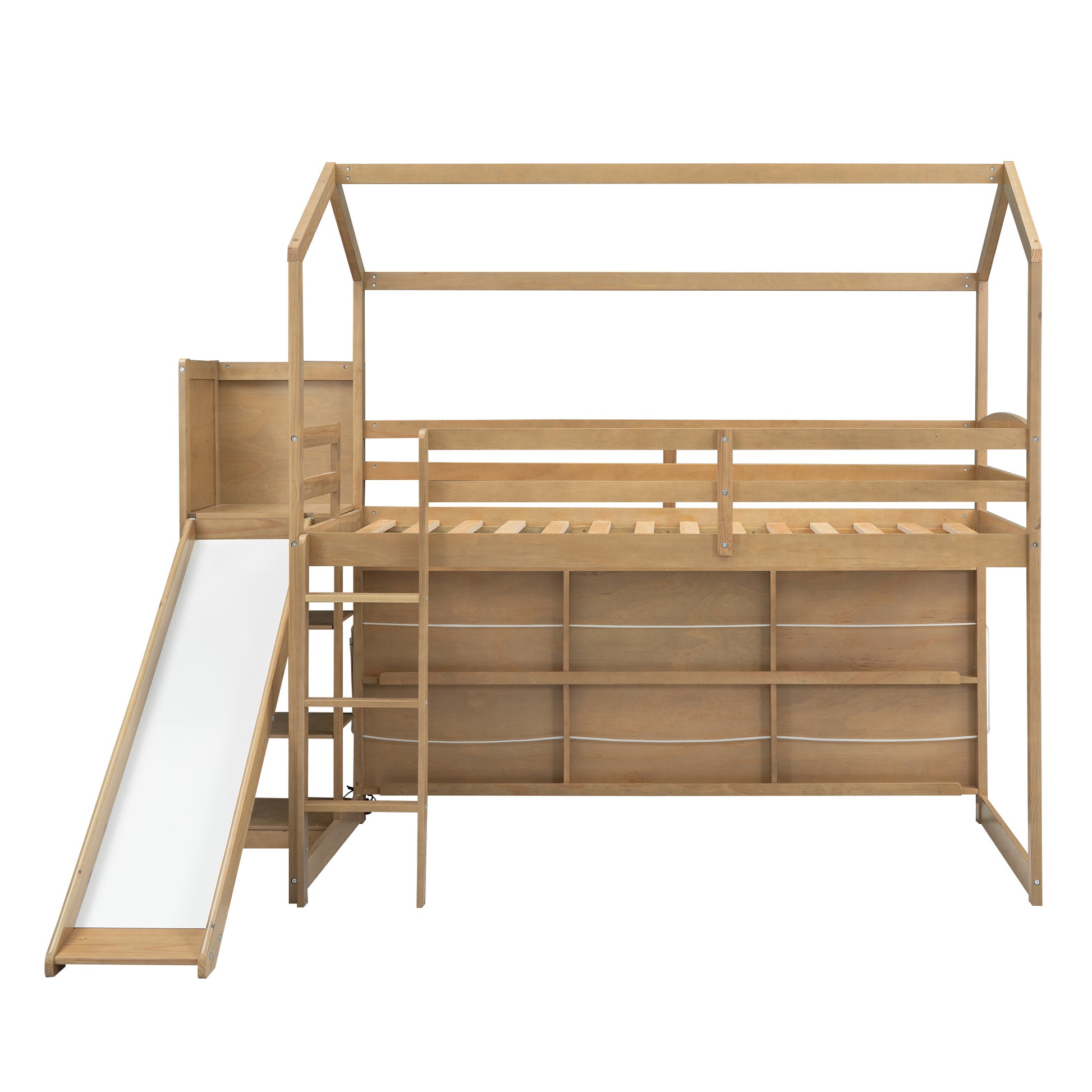 Twin Size Wood House Loft Bed With Slide, Storage Shelves And Light, Climbing Ramp, Wood Color Box Spring Not Required Wood Wood Bedroom Solid Wood Mdf