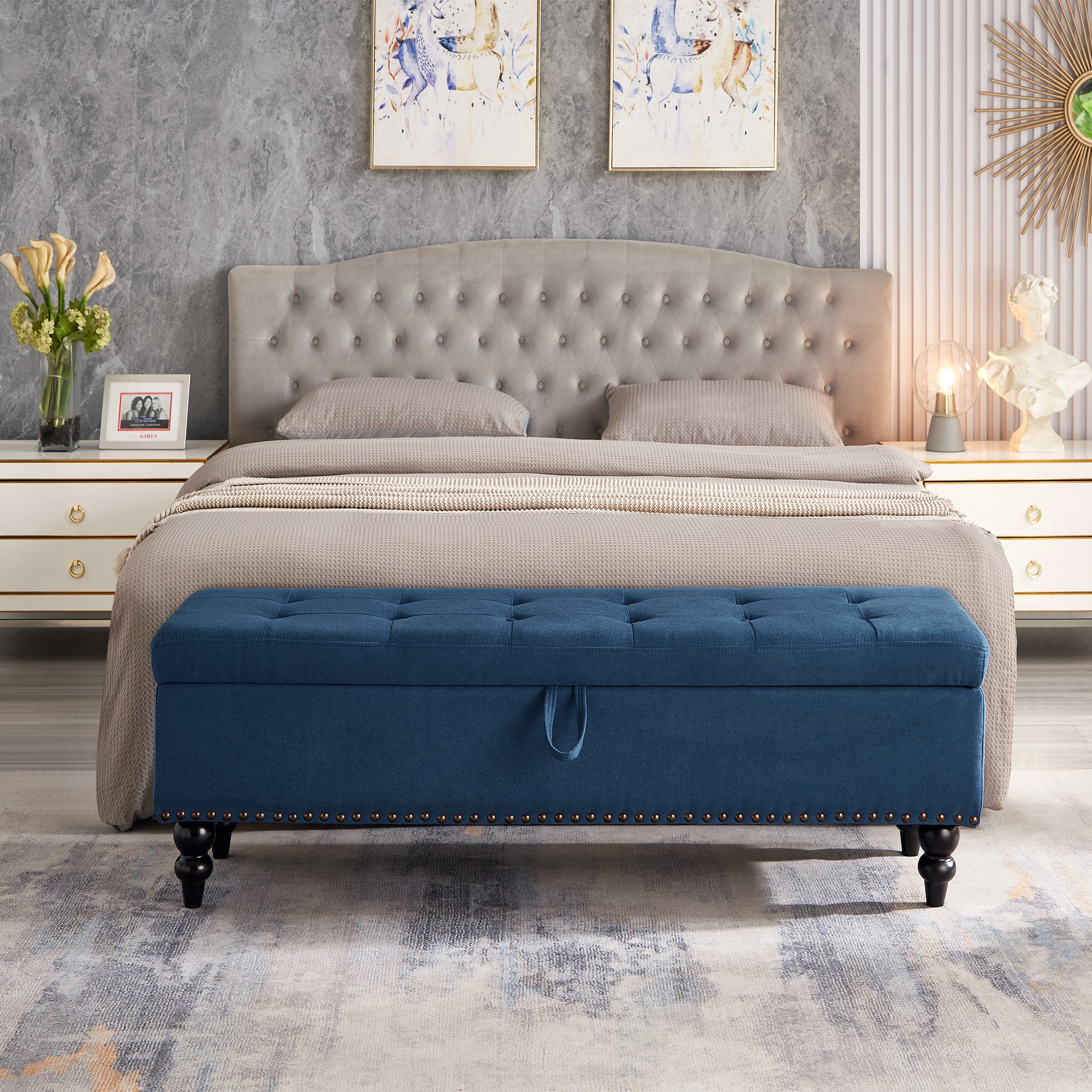 59" Bed Bench With Storage Blue Fabric Blue Foam Cotton Linen