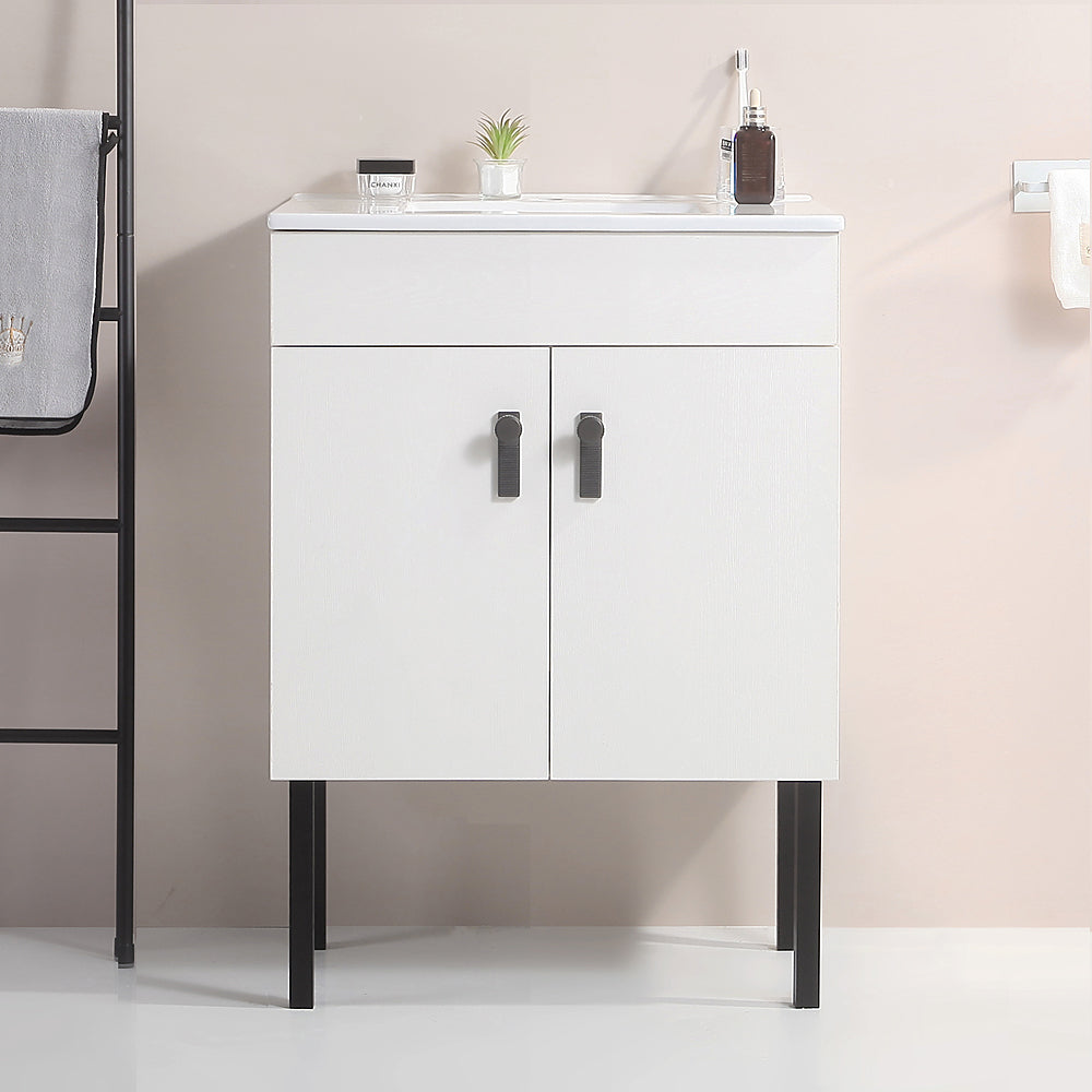 24" Bathroom Vanity With Metal Leg,With White Ceramic Basin,Two Soft Close Cabinet Doors, Solid Wood,Excluding Faucets,White White Solid Wood