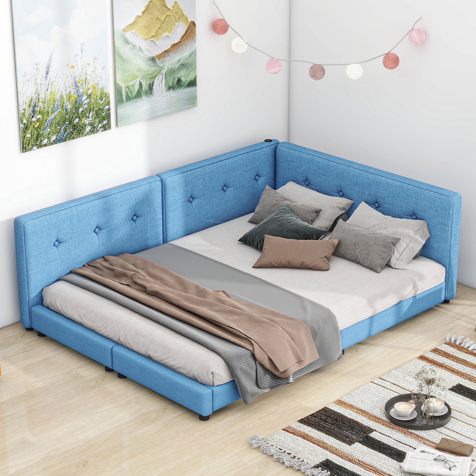 Upholstered Queen Size Platform Bed With Usb Ports, Blue Box Spring Not Required Blue Linen