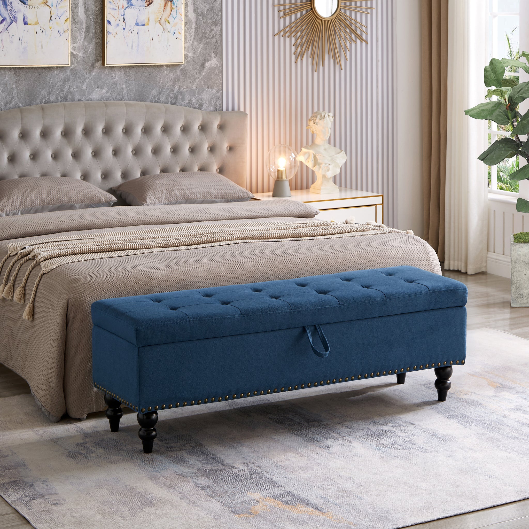 59" Bed Bench With Storage Blue Fabric Blue Foam Cotton Linen