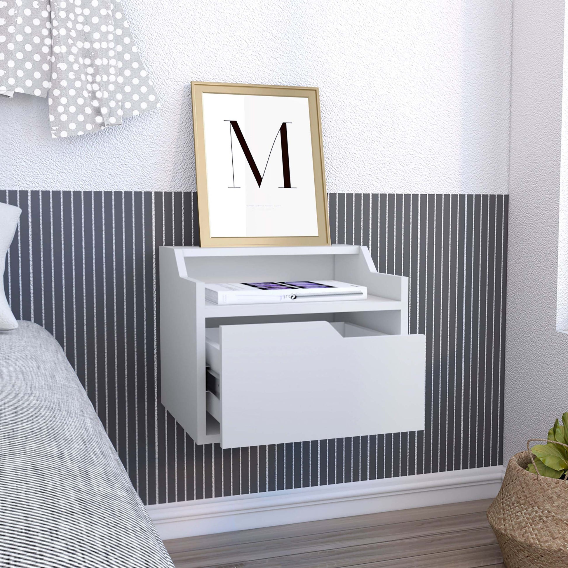 Busan Modern Floating Nightstandend Table, Side Table Single Drawer Design With Sleek Two Tiered Top Shelf Surfaces White Bedroom White Particle Board Particle Board