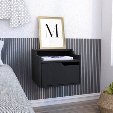 Busan Modern Floating Nightstandend Table, Side Table Single Drawer Design With Sleek Two Tiered Top Shelf Surfaces Black Bedroom Black Particle Board Particle Board