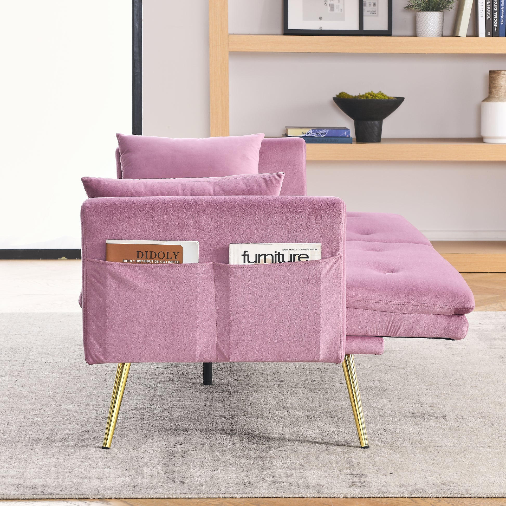 72.5" Convertible Sofa Bed, Adjustable Velvet Sofa Bed Velvet Folding Lounge Recliner Reversible Daybed Ideal For Bedroom With Two Pillows And Center Leg Pink Velvet