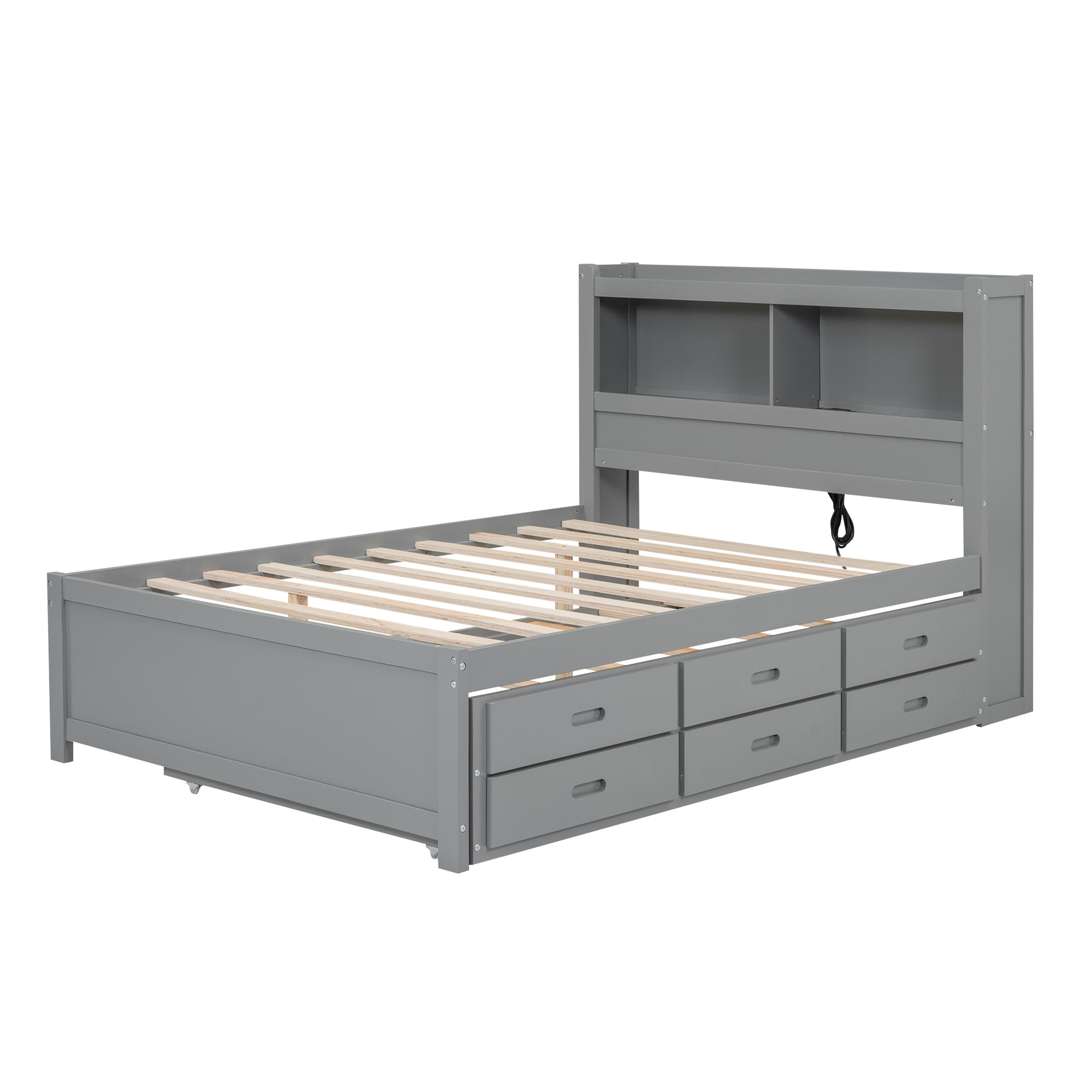 Full Size Platform Bed With Trundle, Drawers And Usb Plugs, Gray Full Gray Pine