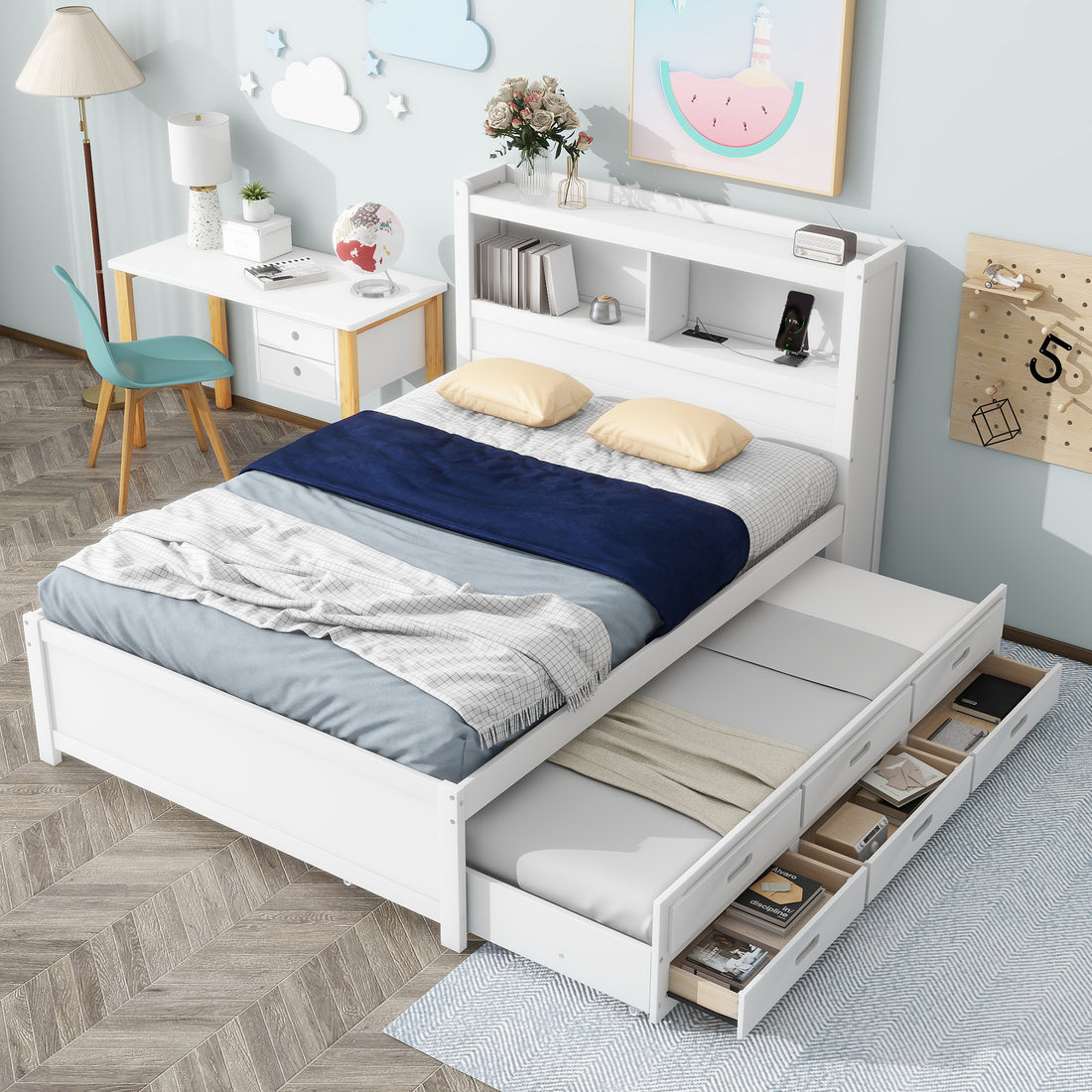 Full Size Platform Bed With Trundle, Drawers And Usb Plugs, White Full White Pine