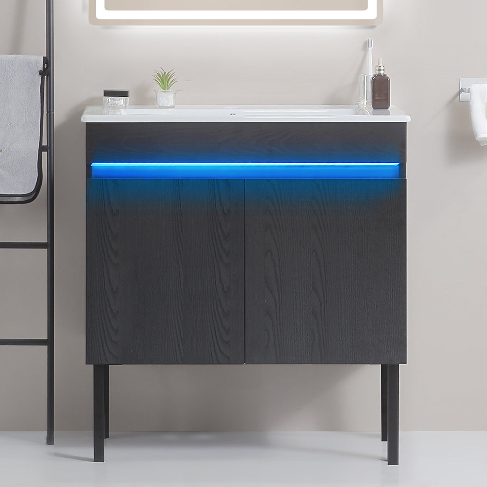 30" Bathroom Vanity with Sink, Radar Sensing Light black-solid wood