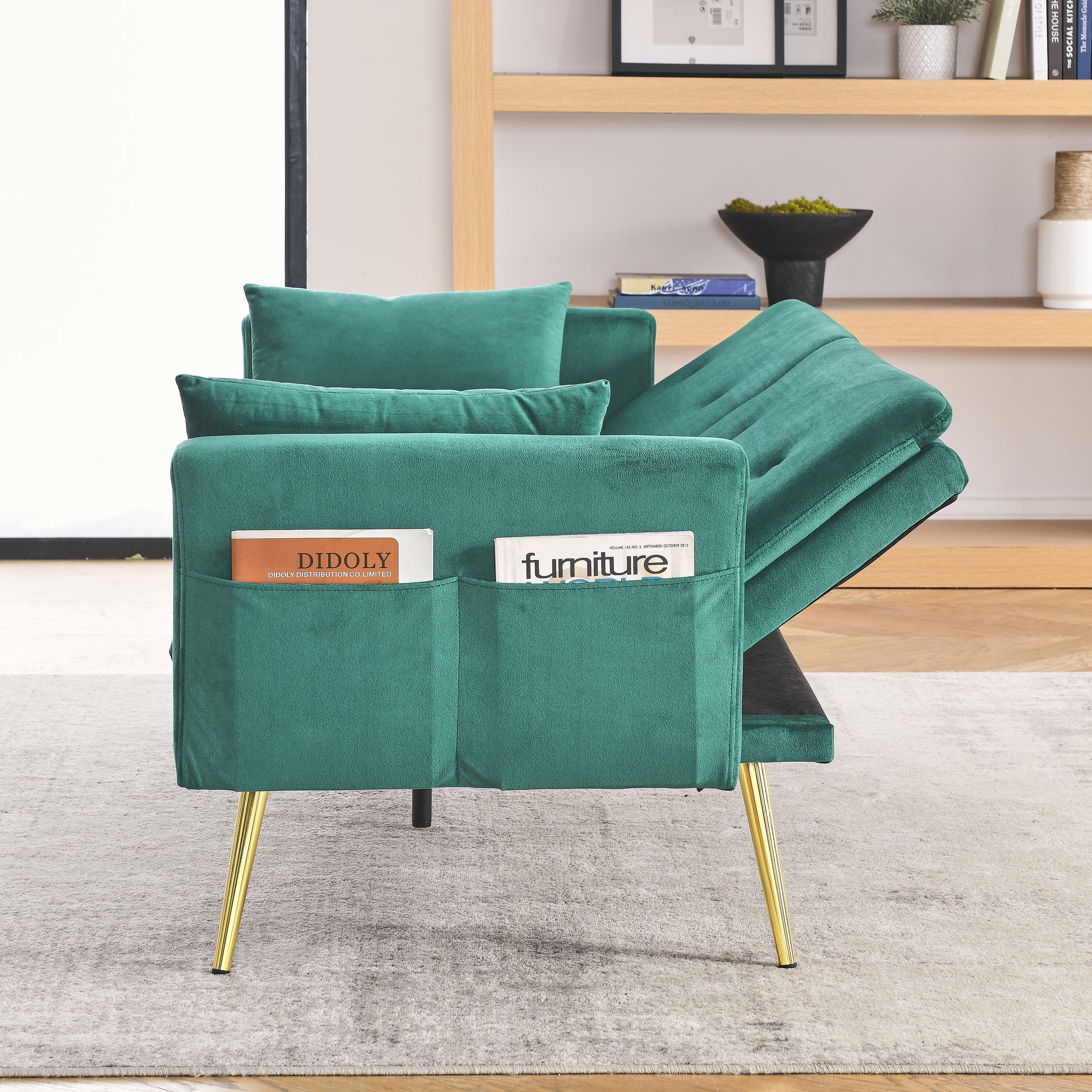 72.5" Convertible Sofa Bed, Adjustable Velvet Sofa Bed Velvet Folding Lounge Recliner Reversible Daybed Ideal For Bedroom With Two Pillows And Center Leg Green Velvet