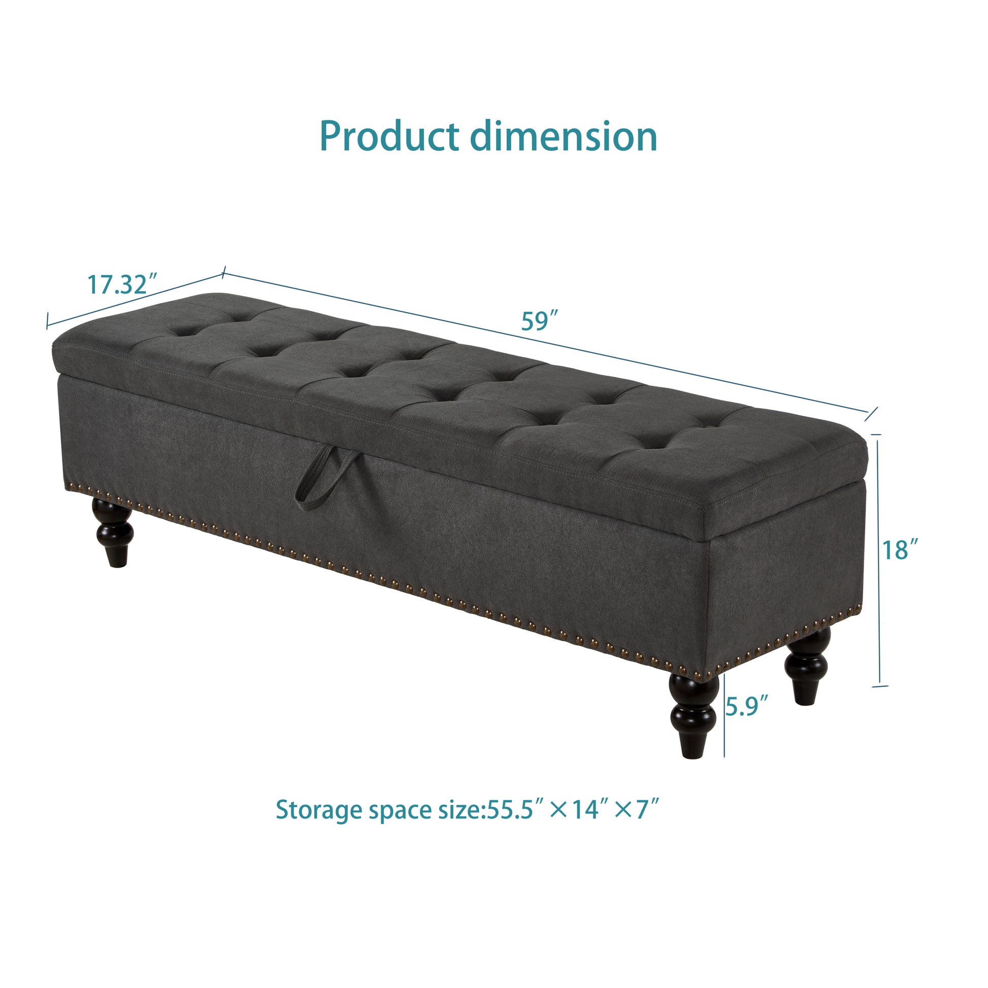 59" Bed Bench With Storage Grey Fabric Grey Foam Cotton Linen