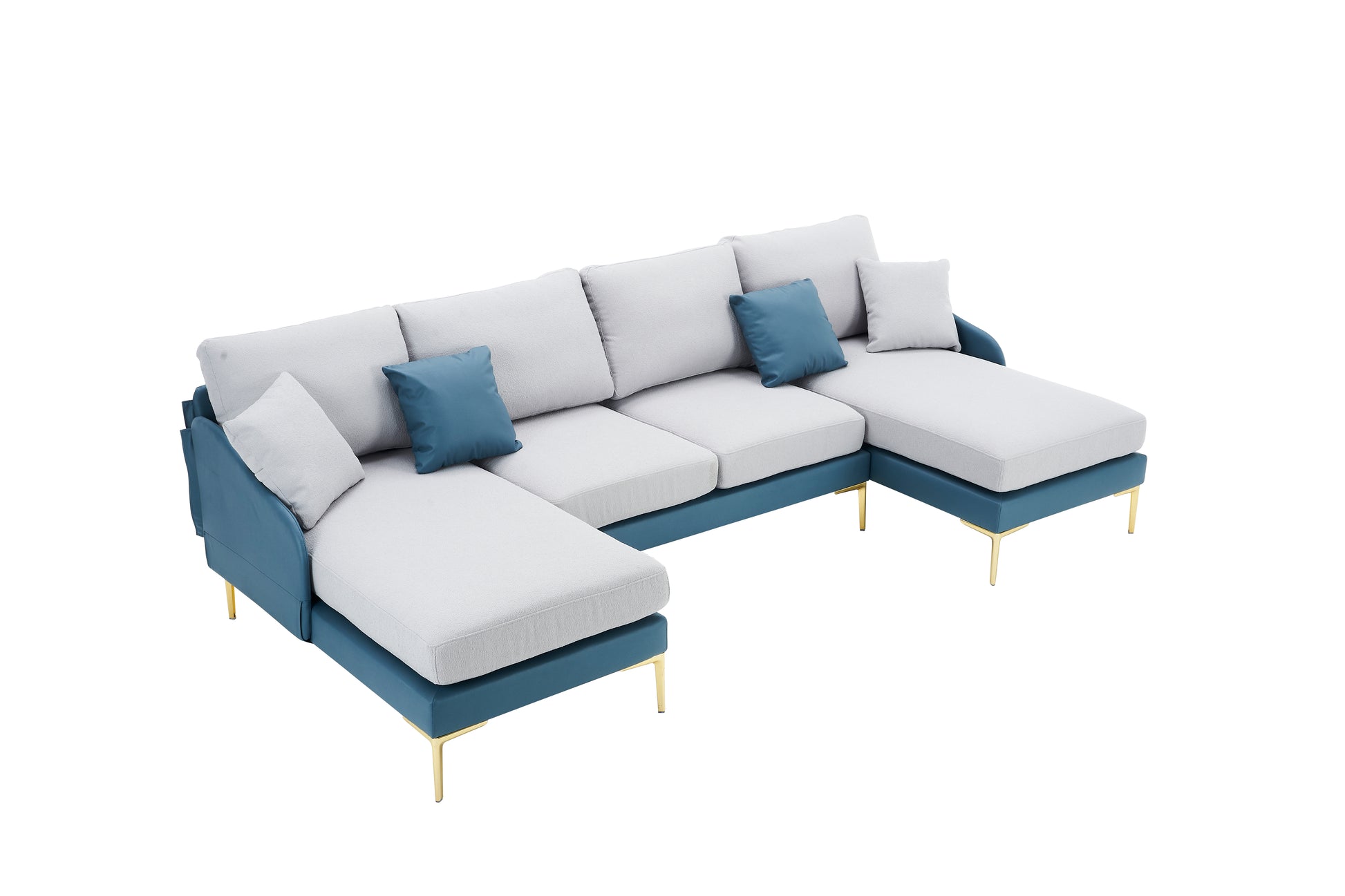 Modern Large Area Linen Leathaire Fabric Color Matching Segmented Sofa, Ultra Wide Lounge Chair, Golden Legs, U Shaped, Blue Light Gray Blue Grey Primary Living Space Wood