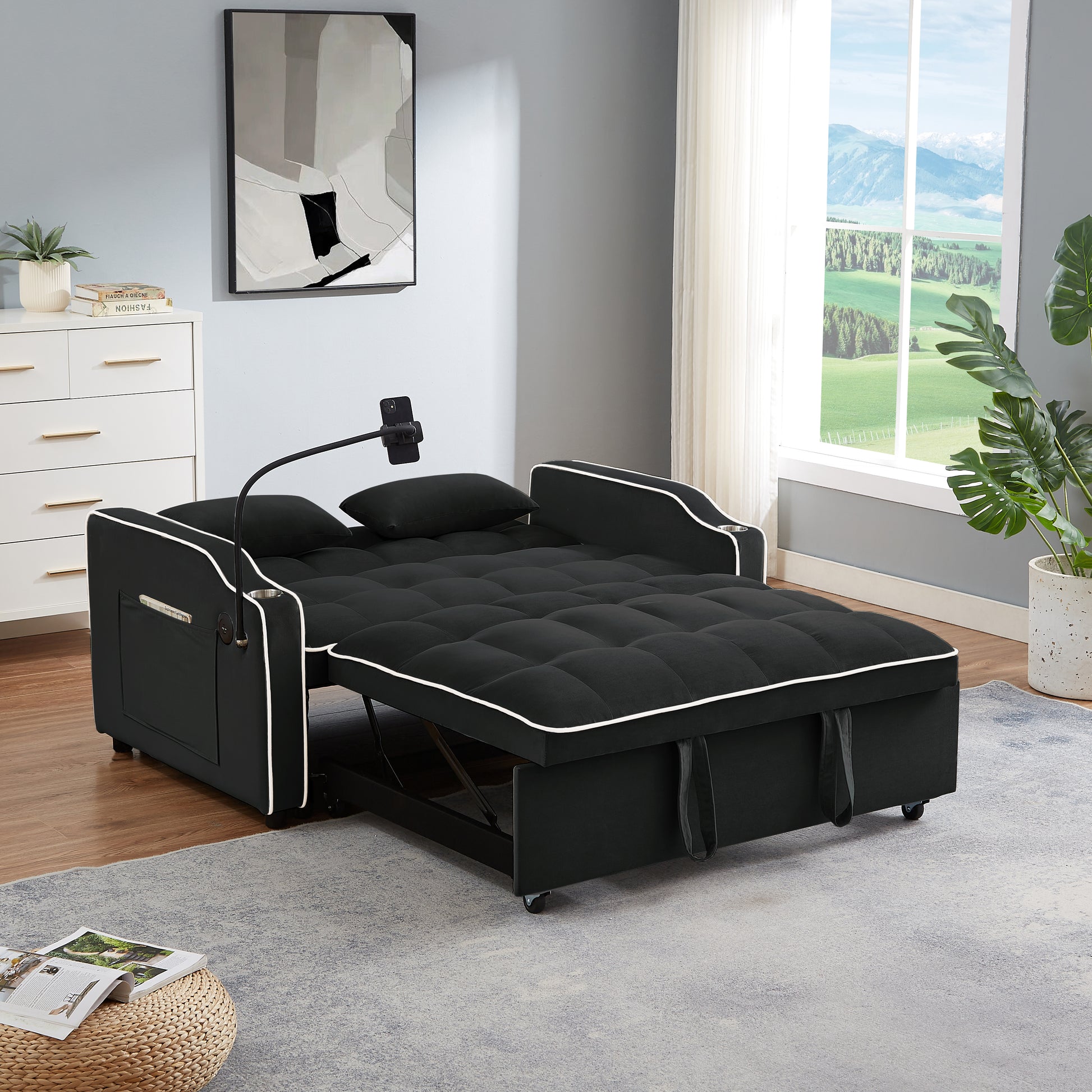 1 Versatile Foldable Sofa Bed In 3 Lengths, Modern Sofa Sofa Sofa Velvet Pull Out Bed, Adjustable Back And With Usb Port And Ashtray And Swivel Phone Stand Black Black Eucalyptus Solid Wood Mdf Resin