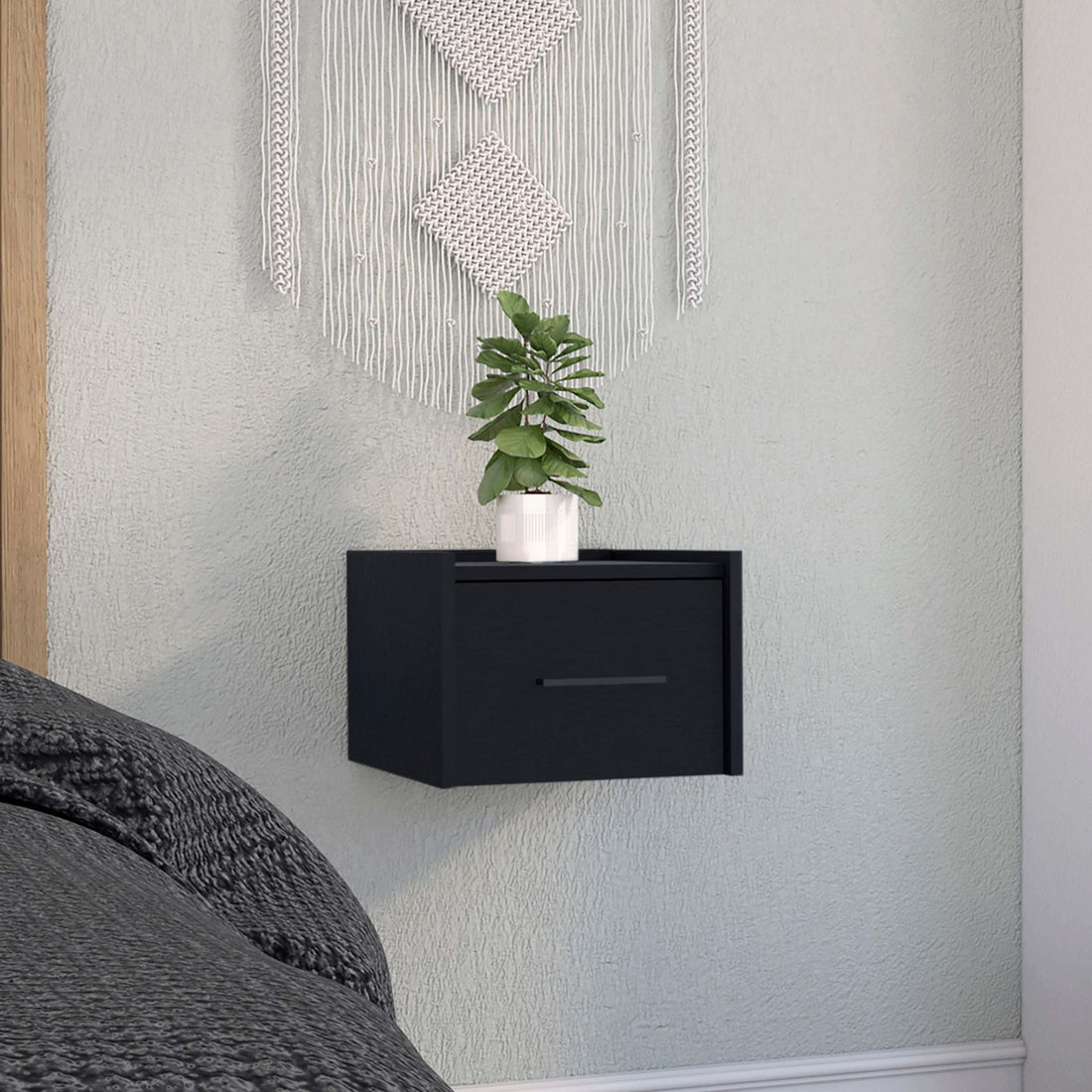 Boa Floating Nightstandend Table, Side Table Wall Mounted Single Drawer Design With Handle Black Bedroom Black Particle Board Particle Board