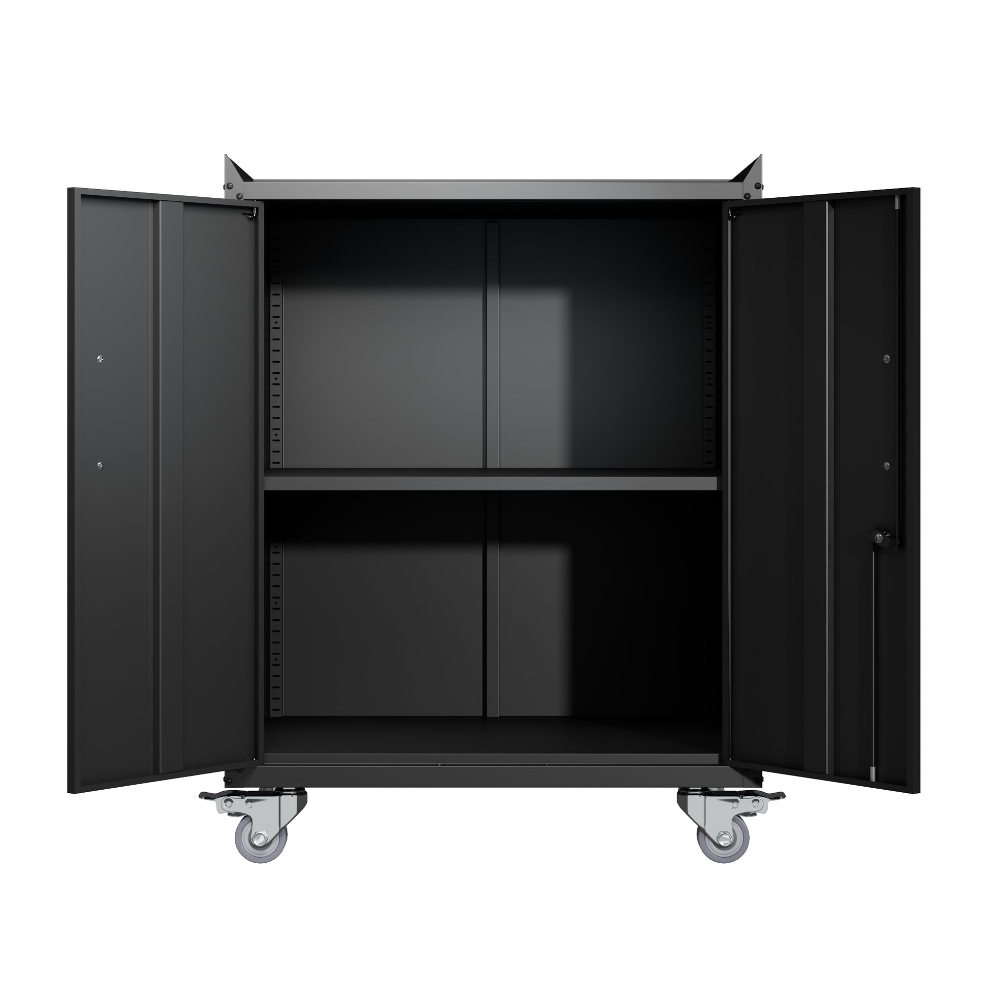 2 Door Tool Cabinets For Garage, Lockable Garage Storage Cabinet, Locking Metal Storage Cabinet With Wheels, Rolling Tool Chest, Assembly Required H34*W30.3*D18 Square 1 2 Shelves Powder Coated Black Office Adjustable Shelves American Traditional Steel