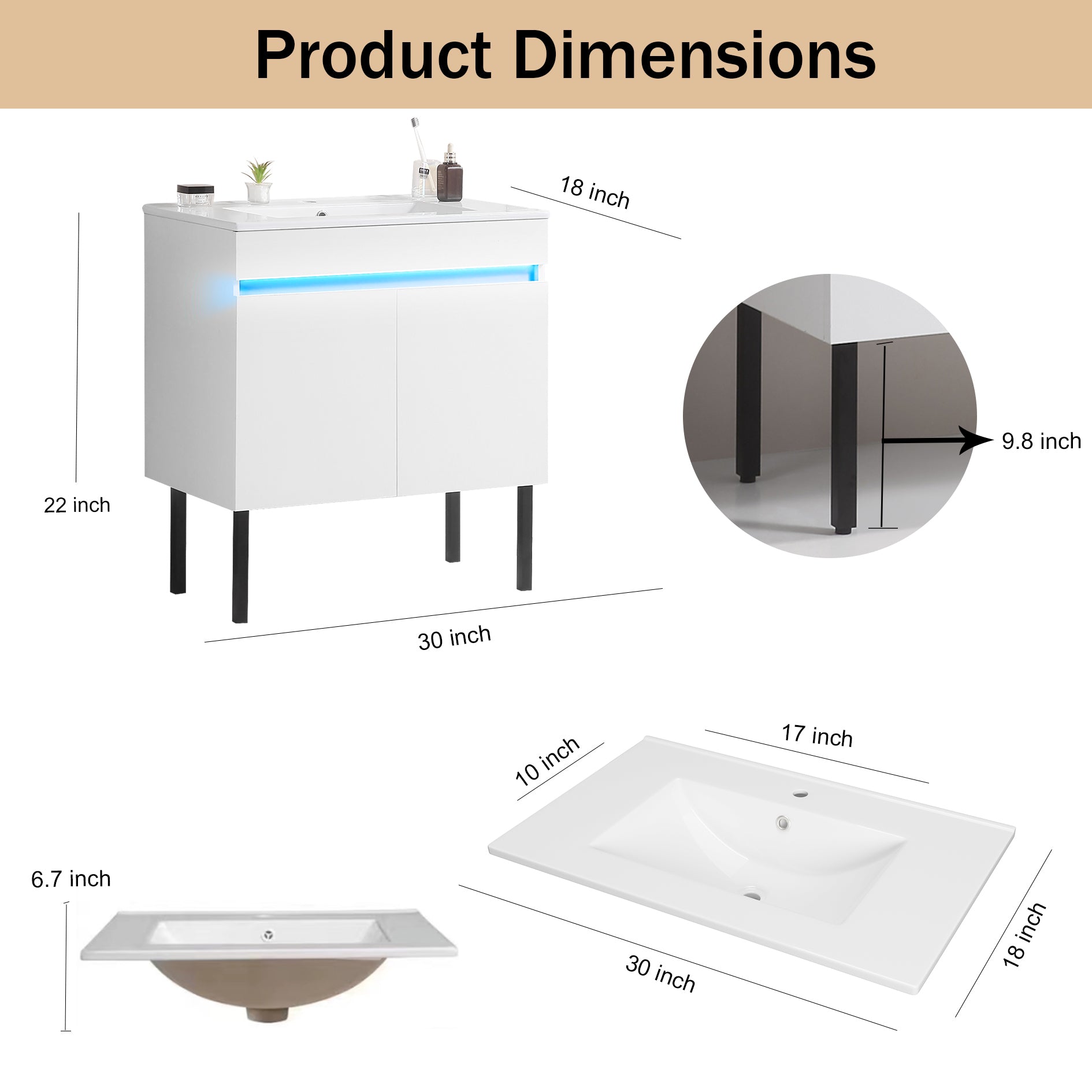 30" Bathroom Vanity with Sink, Radar Sensing Light white-solid wood