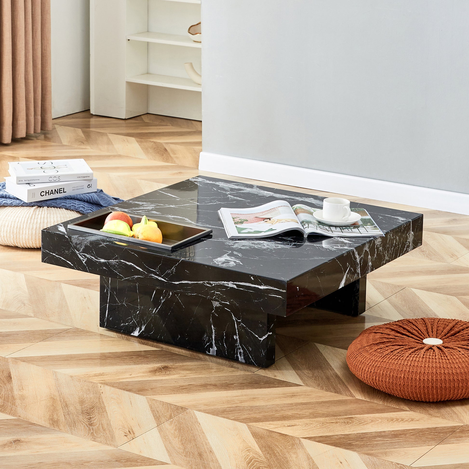 A Modern And Practical Coffee Table Made Of Mdf Material With Black Patterns. The Fusion Of Elegance And Natural Fashion 31.4"*31.4"*12" Black Mdf