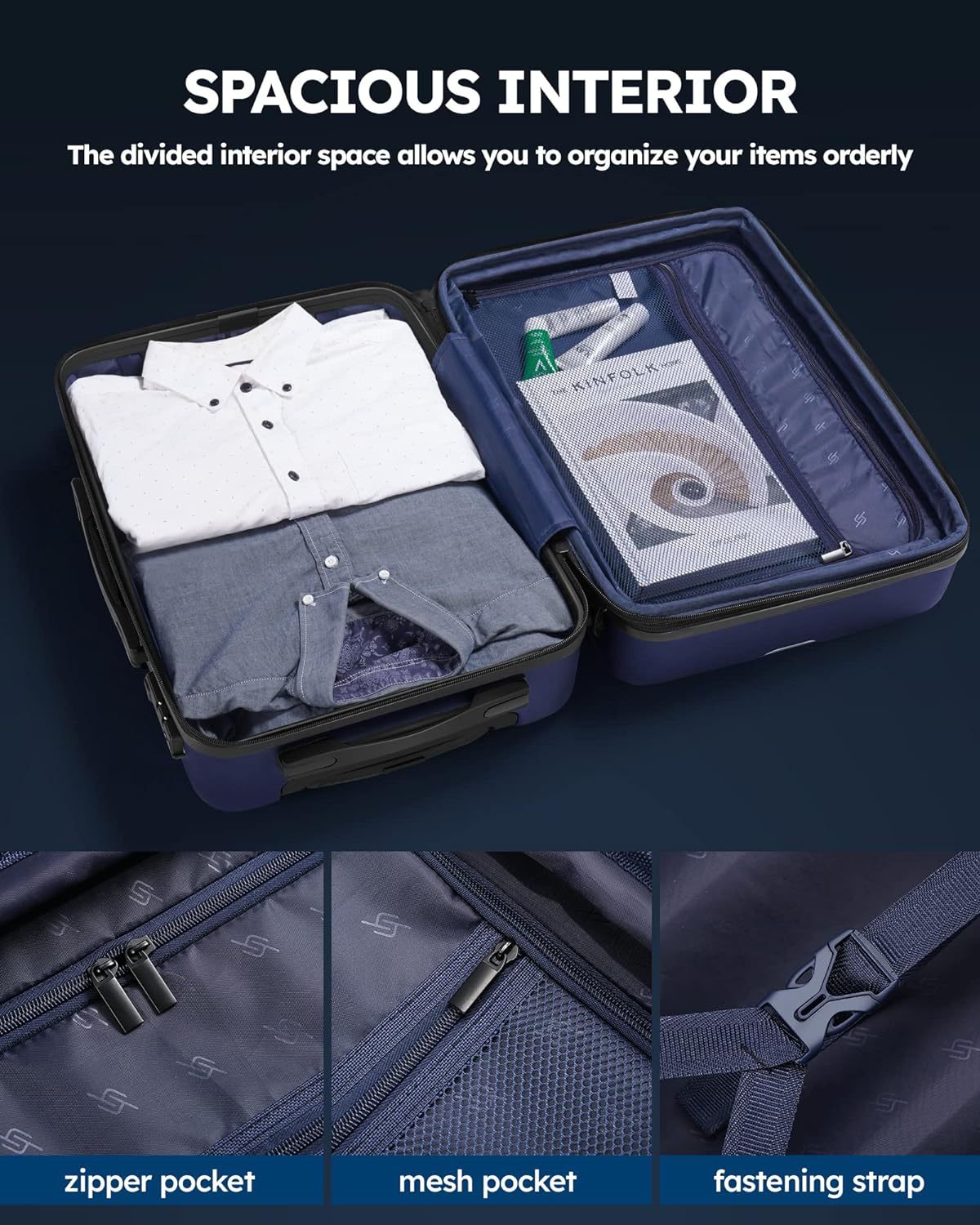 3 Piece Luggage Sets Expandable, Hardshell Travel dark blue-abs