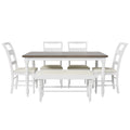 6 Peice Dining Set With Turned Legs, Kitchen Table Set With Upholstered Dining Chairs And Bench,Retro Style, White White Wood Dining Room Bench Seating Rubberwood Rectangular Dining Table With Chair And Bench Upholstered Chair Wood Brown White Ladder