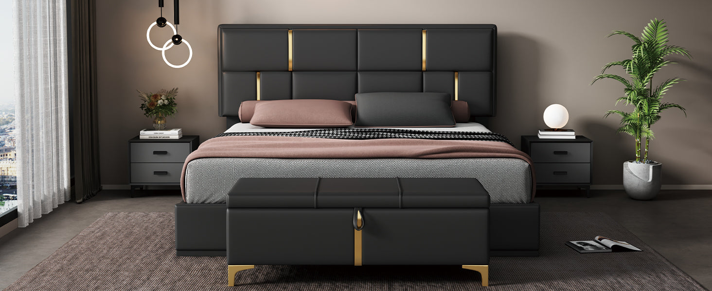 Queen Size Upholstered Platform Bed With Hydraulic Storage System,No Box Spring Needed,Black Black Pu