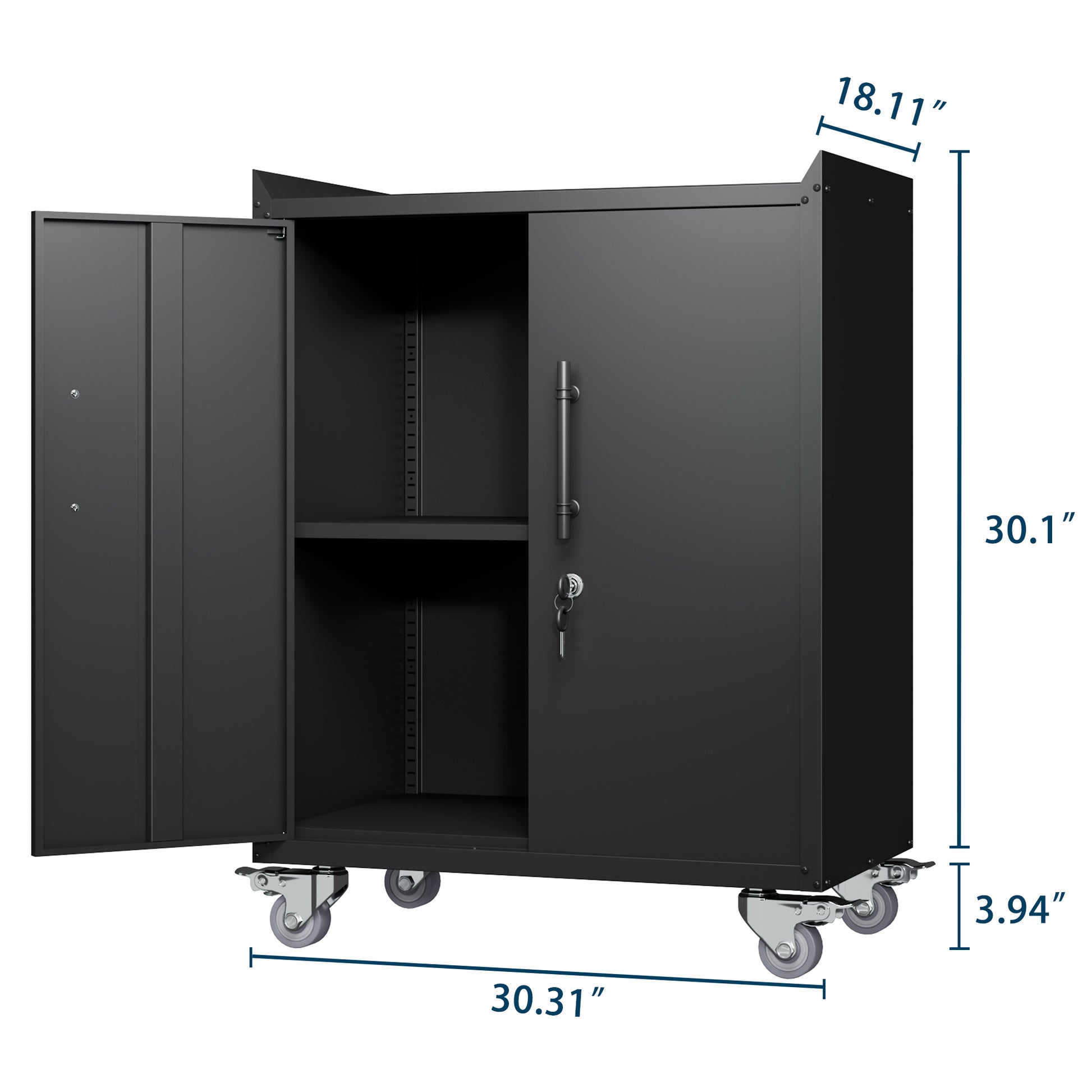 2 Door Tool Cabinets For Garage, Lockable Garage Storage Cabinet, Locking Metal Storage Cabinet With Wheels, Rolling Tool Chest, Assembly Required H34*W30.3*D18 Square 1 2 Shelves Powder Coated Black Office Adjustable Shelves American Traditional Steel