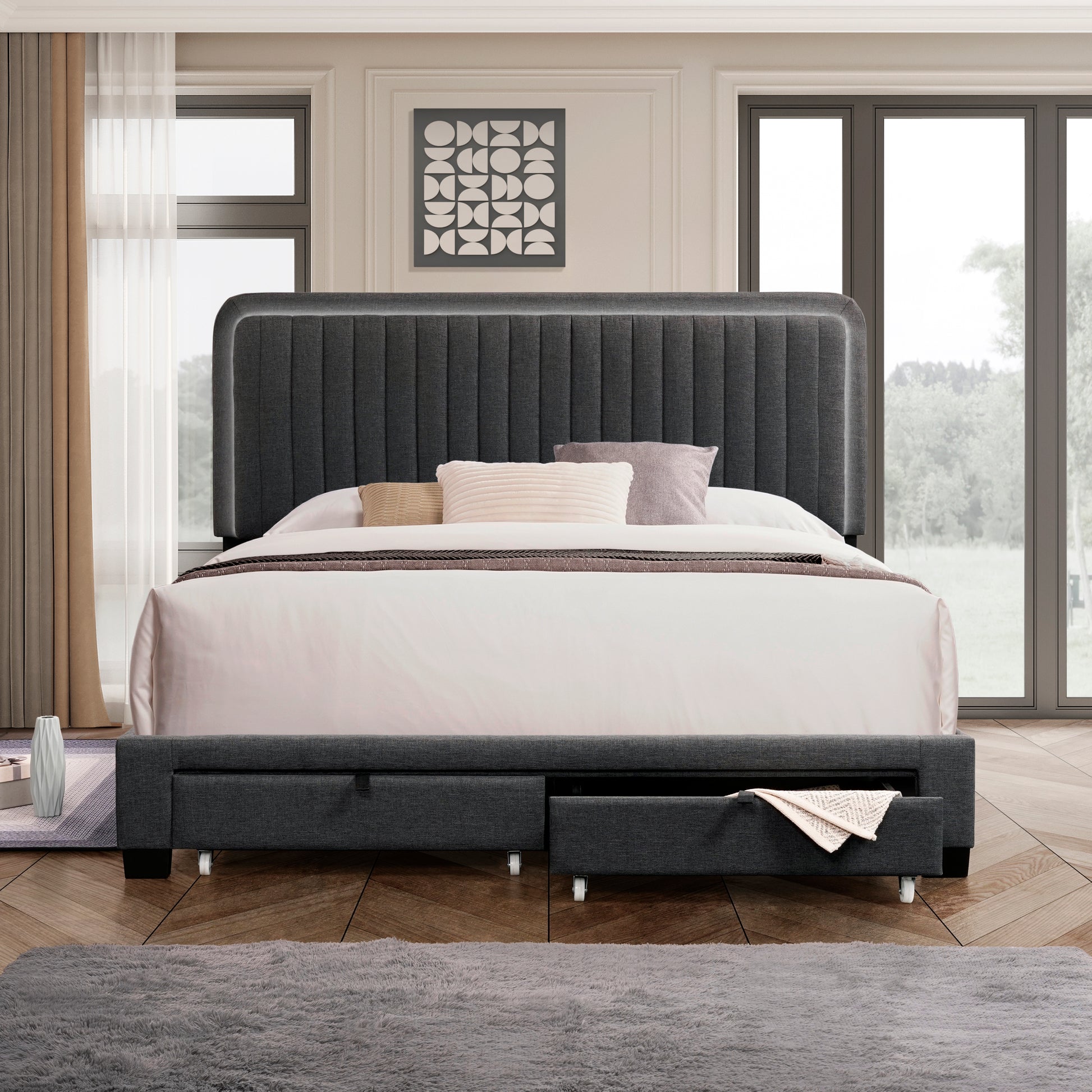 Queen Size Upholstered Bed With Adjustable Height Mattress 10 To 14 Inches Led Design With Footboard Drawers Storage No Box Spring Required Dark Gray Box Spring Not Required Queen Gray Wood Espresso Bedroom Casual,Modern Rubberwood Adjustable Bedbase