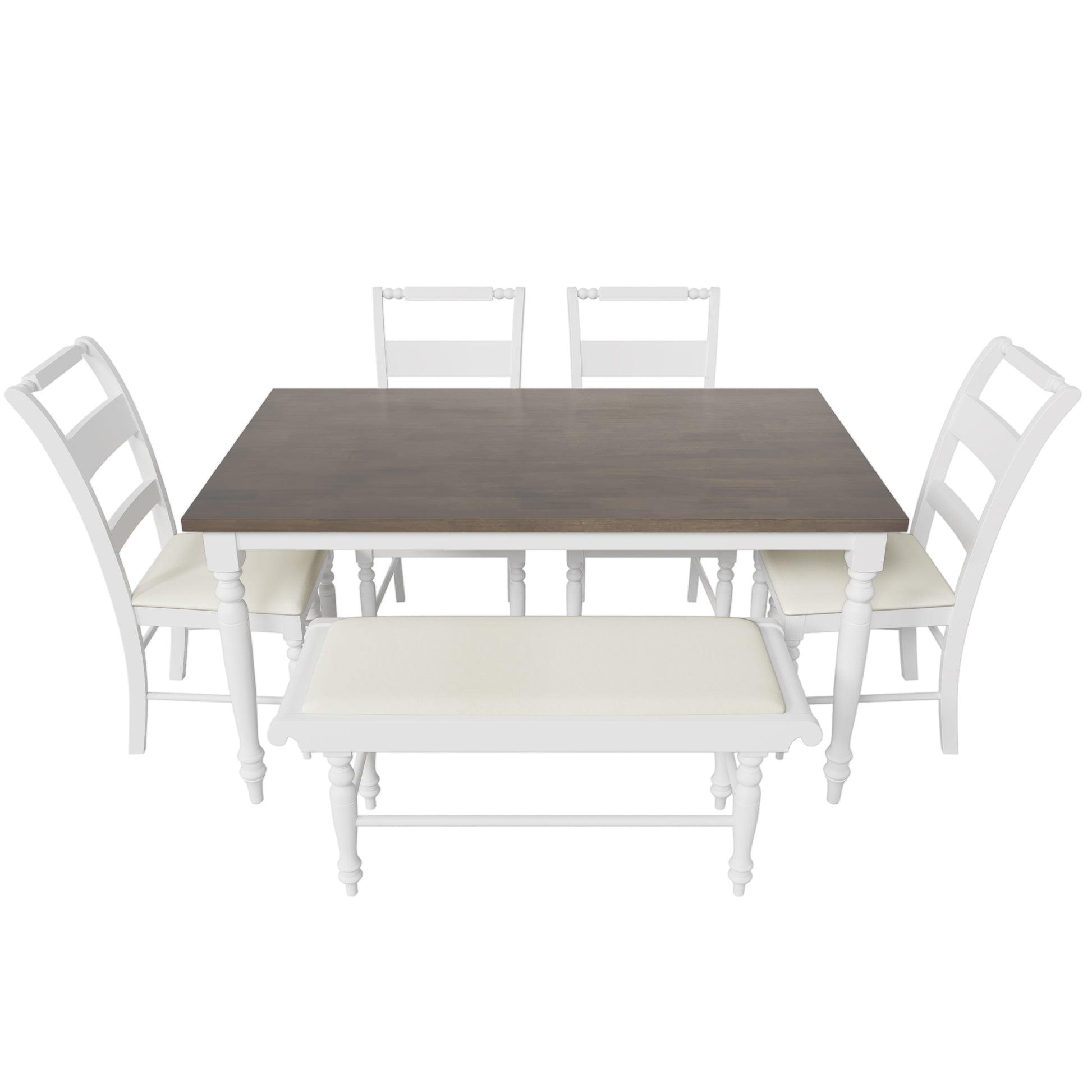 6 Peice Dining Set With Turned Legs, Kitchen Table Set With Upholstered Dining Chairs And Bench,Retro Style, White White Wood Dining Room Bench Seating Rubberwood Rectangular Dining Table With Chair And Bench Upholstered Chair Wood Brown White Ladder