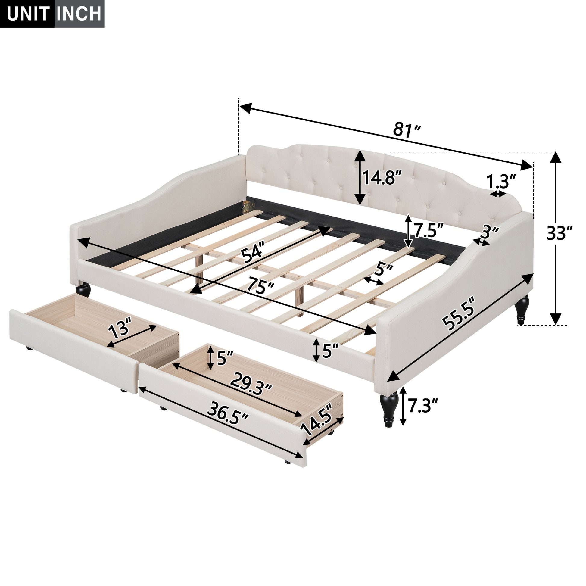 Full Size Upholstered Tufted Daybed With Two Drawers, Beige Box Spring Not Required Beige Wood Daybeds Linen Upholstered