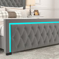 Queen Platform Bed Frame With High Headboard, Velvet Upholstered Bed With Deep Tufted Buttons, Adjustable Colorful Led Light Decorative Headboard, Wide Wingbacks,Grey Queen Grey Velvet