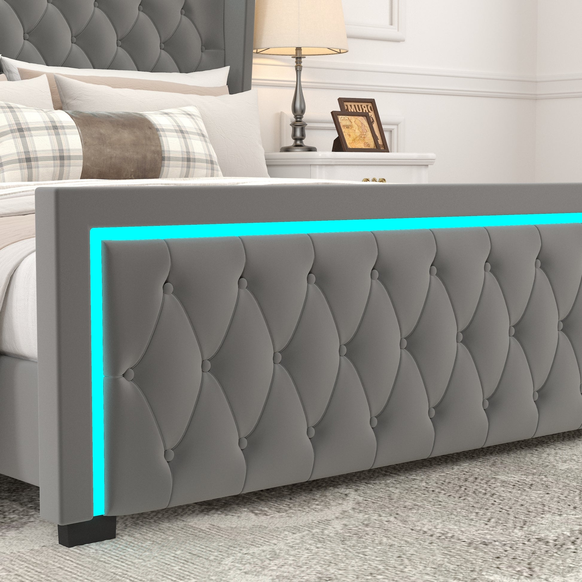 Queen Platform Bed Frame With High Headboard, Velvet Upholstered Bed With Deep Tufted Buttons, Adjustable Colorful Led Light Decorative Headboard, Wide Wingbacks,Grey Queen Grey Velvet