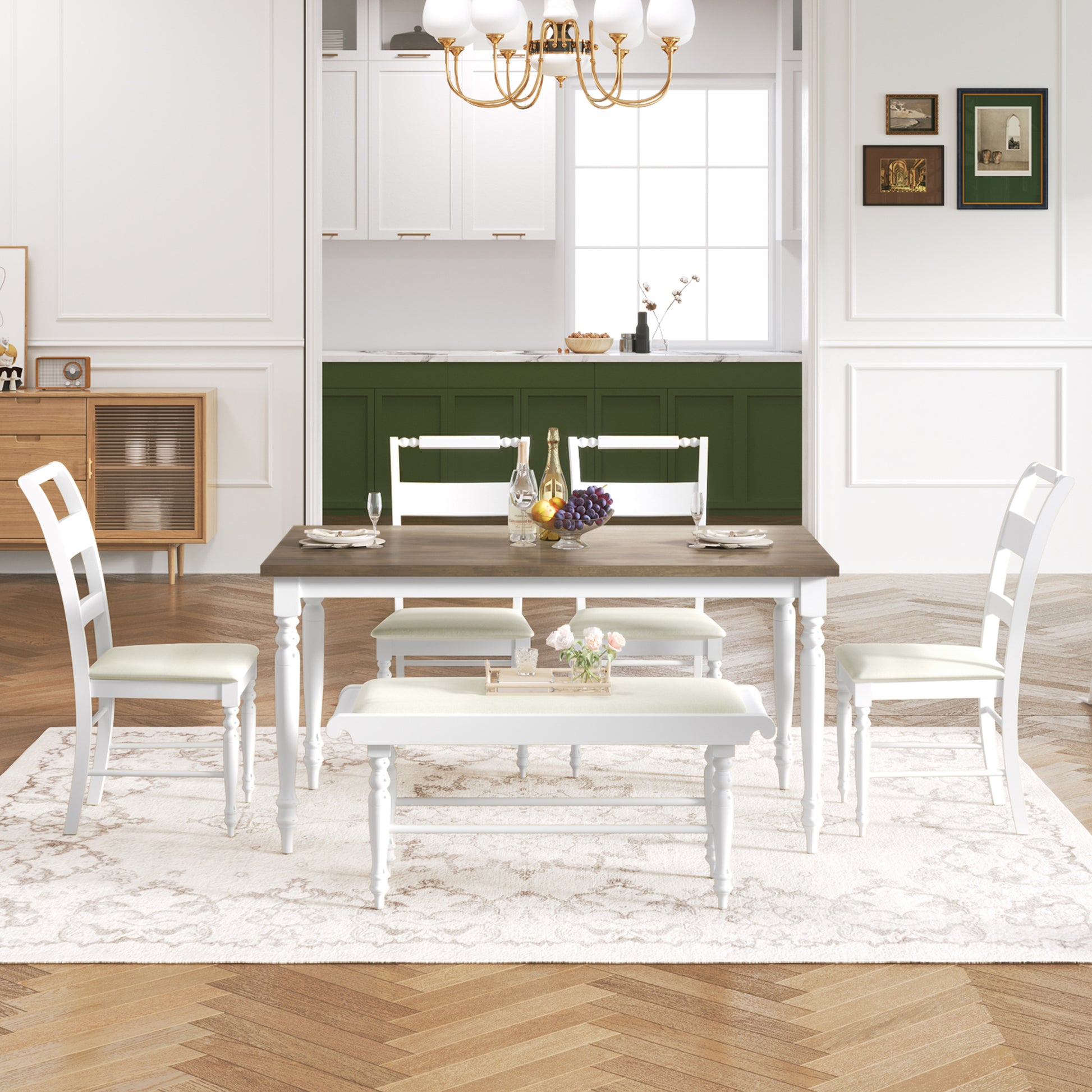 6 Peice Dining Set With Turned Legs, Kitchen Table Set With Upholstered Dining Chairs And Bench,Retro Style, White White Wood Dining Room Bench Seating Rubberwood Rectangular Dining Table With Chair And Bench Upholstered Chair Wood Brown White Ladder