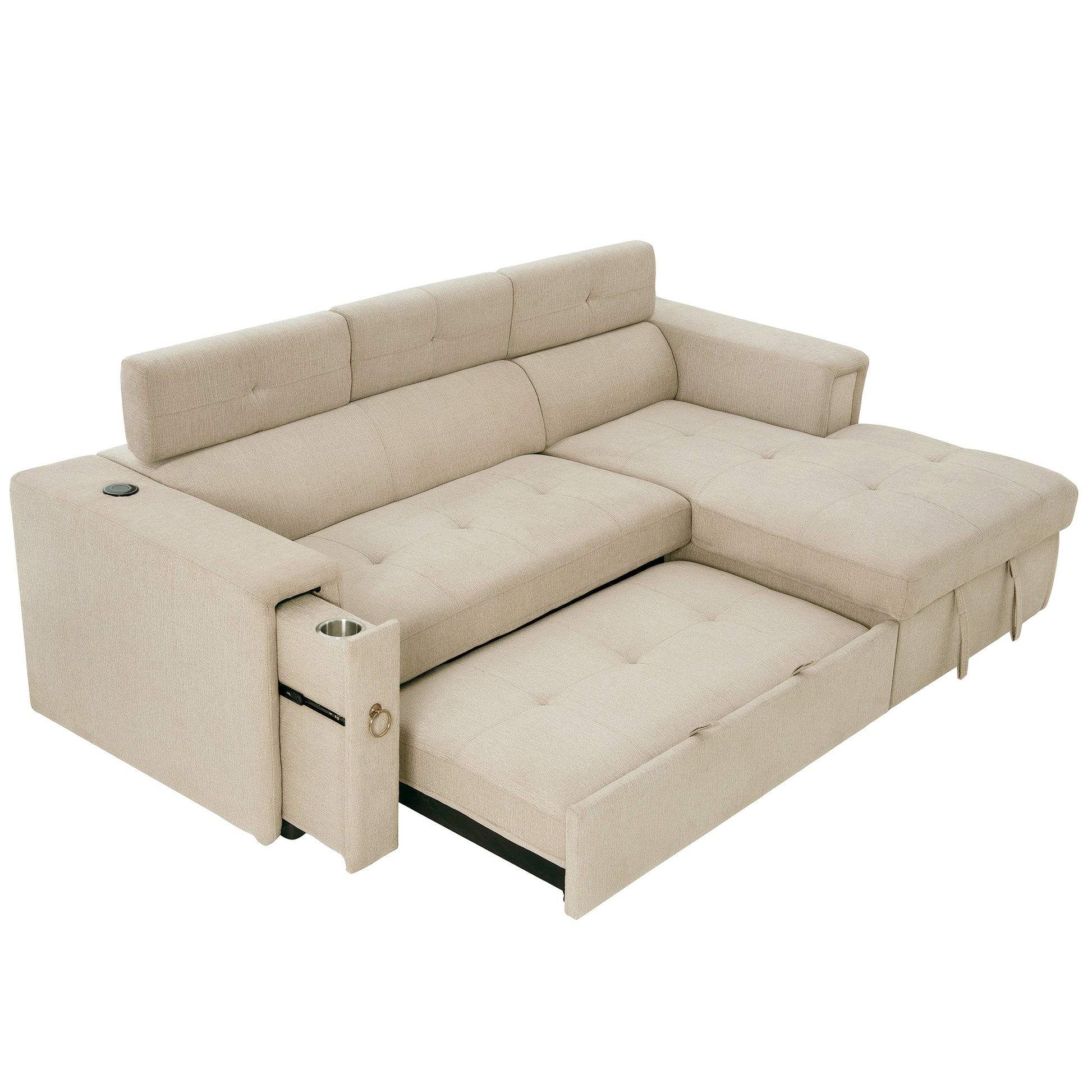 96" Multi Functional Pull Out Sofa Bed L Shape Sectional Sofa With Adjustable Headrest, Wireless Charging, Cup Holders And Hidden Storage For Living Room, Bedroom, Office, Beige Beige Foam Linen