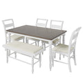 6 Peice Dining Set With Turned Legs, Kitchen Table Set With Upholstered Dining Chairs And Bench,Retro Style, White White Wood Dining Room Bench Seating Rubberwood Rectangular Dining Table With Chair And Bench Upholstered Chair Wood Brown White Ladder