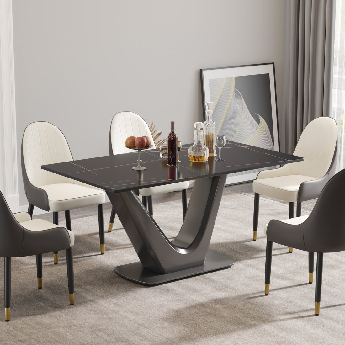 63 "Modern Artificial Stone Black Panel Gray V Shaped Metal Legs Can Accommodate 6 8 People. Black Gray Dining Room Metal Sintered Stone