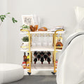 Gold Bar Cart With 3 Tiers For Stylish Storage, Home Bar Serving Cart With 4 Rows Of Glass Holders & 8 Wine Racks, Modern Marbled Solid Wood Cart On Lockable Wheels, Coffee Bar Cart For Kitchen Gold White Metal & Wood