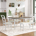 6 Peice Dining Set With Turned Legs, Kitchen Table Set With Upholstered Dining Chairs And Bench,Retro Style, White White Wood Dining Room Bench Seating Rubberwood Rectangular Dining Table With Chair And Bench Upholstered Chair Wood Brown White Ladder