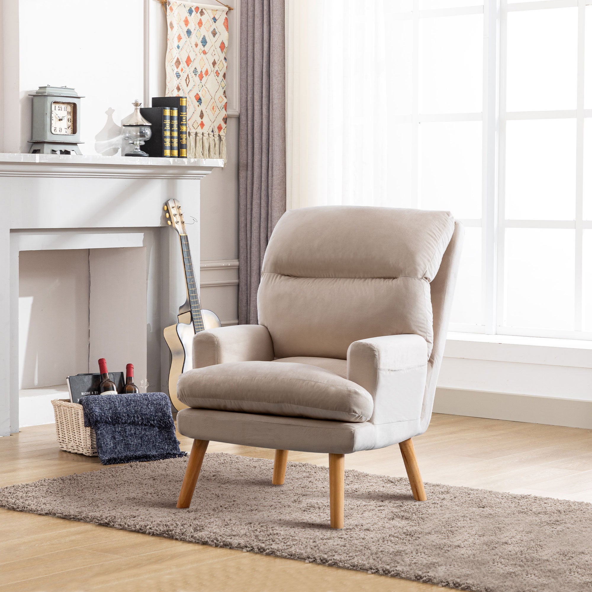 Contemporary Elegance Accent Chair with Footrest, For beige-primary living space-rubberwood-velvet