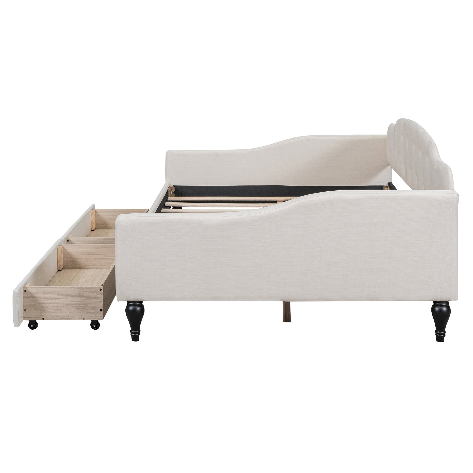 Full Size Upholstered Tufted Daybed With Two Drawers, Beige Box Spring Not Required Beige Wood Daybeds Linen Upholstered