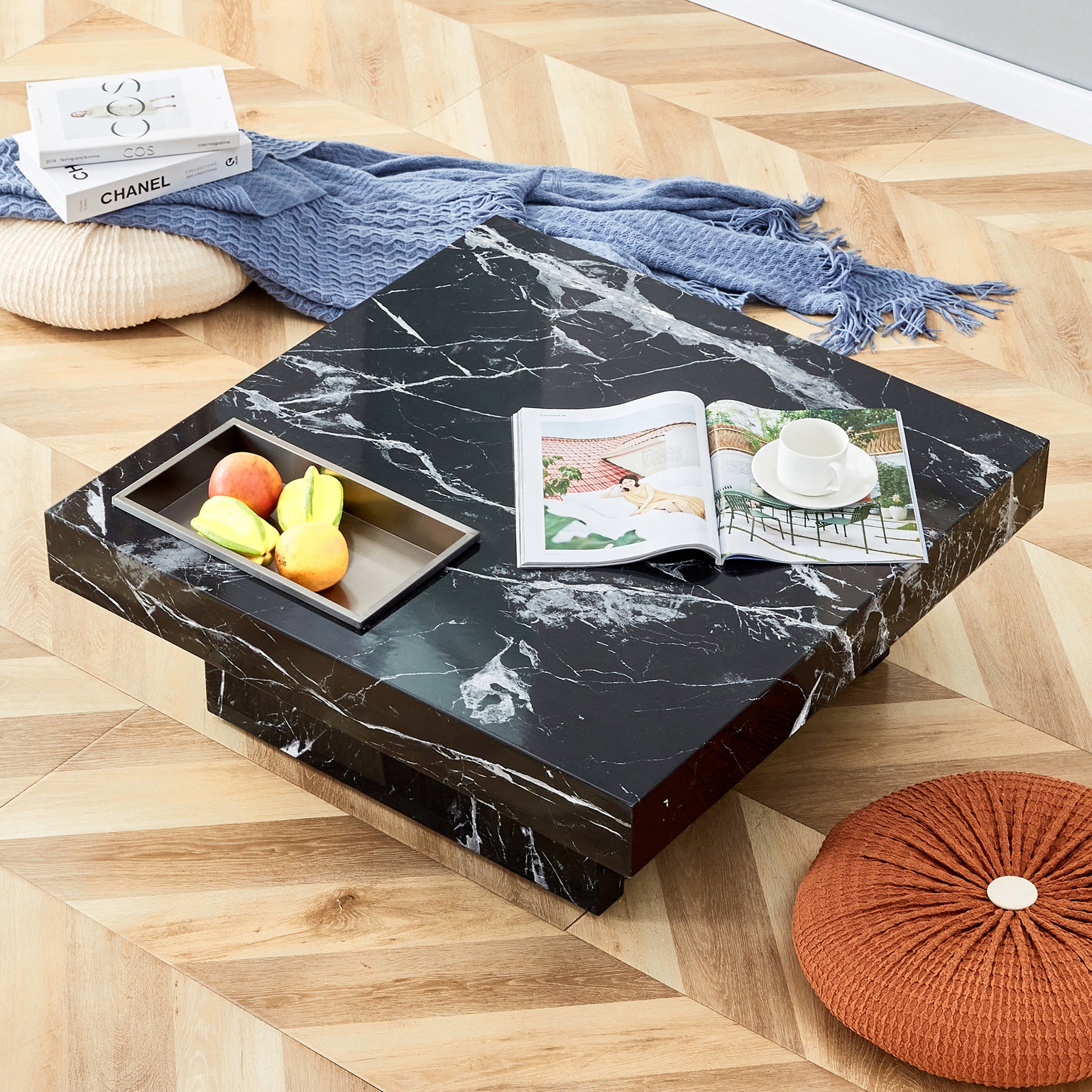 A Modern And Practical Coffee Table Made Of Mdf Material With Black Patterns. The Fusion Of Elegance And Natural Fashion 31.4"*31.4"*12" Black Mdf