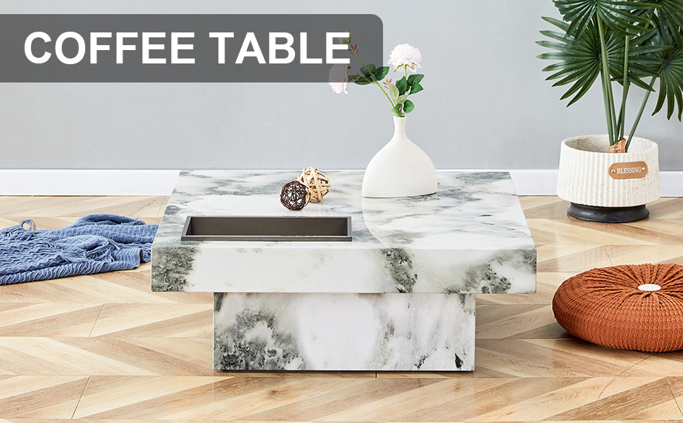 A Modern And Practical Coffee Table, Black And White In Imitation Marble Pattern, Made Of Mdf Material. The Fusion Of Elegance And Natural Fashion 31.4"* 31.4"* 12 " White Mdf