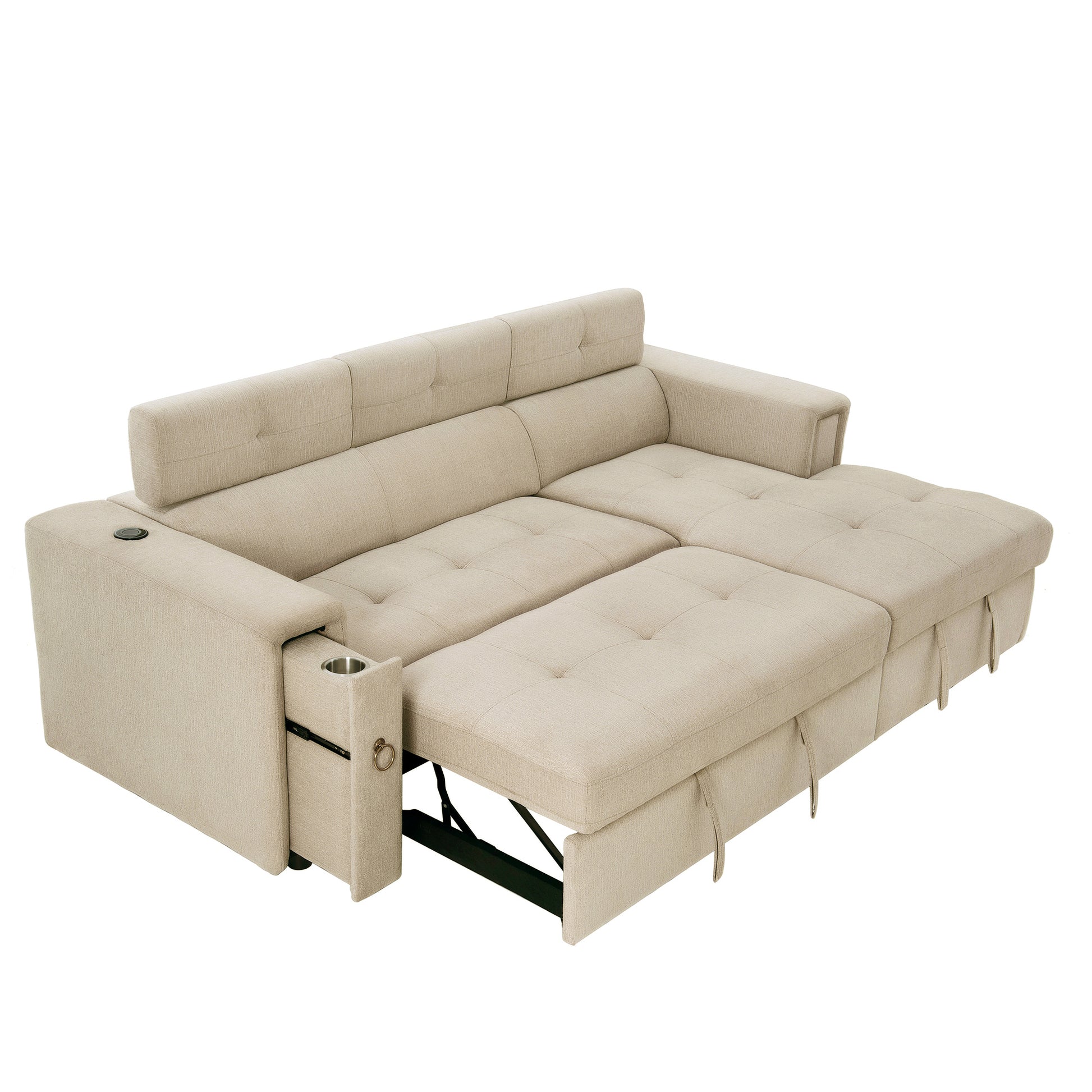 96" Multi Functional Pull Out Sofa Bed L Shape Sectional Sofa With Adjustable Headrest, Wireless Charging, Cup Holders And Hidden Storage For Living Room, Bedroom, Office, Beige Beige Foam Linen