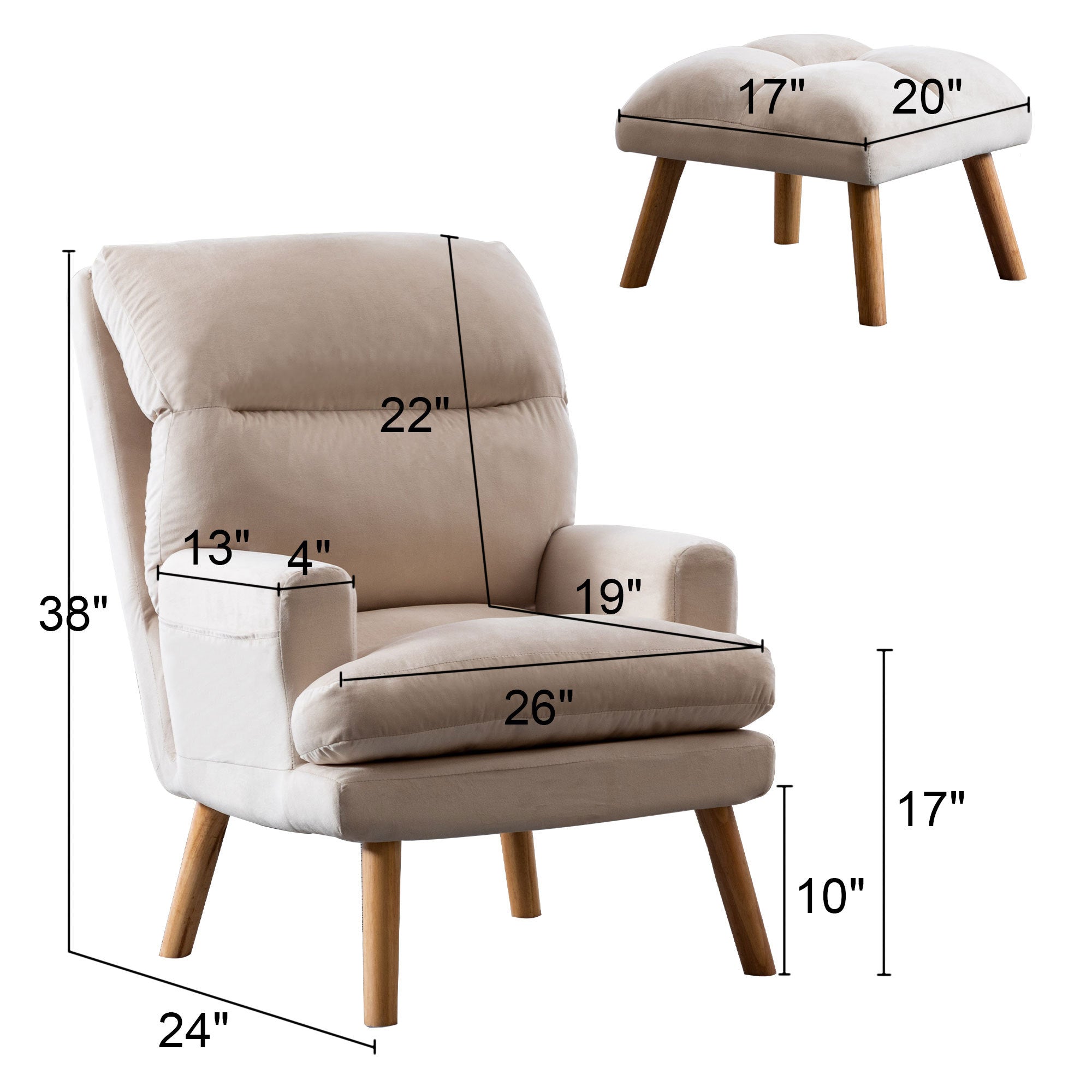 Contemporary Elegance Accent Chair with Footrest, For beige-primary living space-rubberwood-velvet