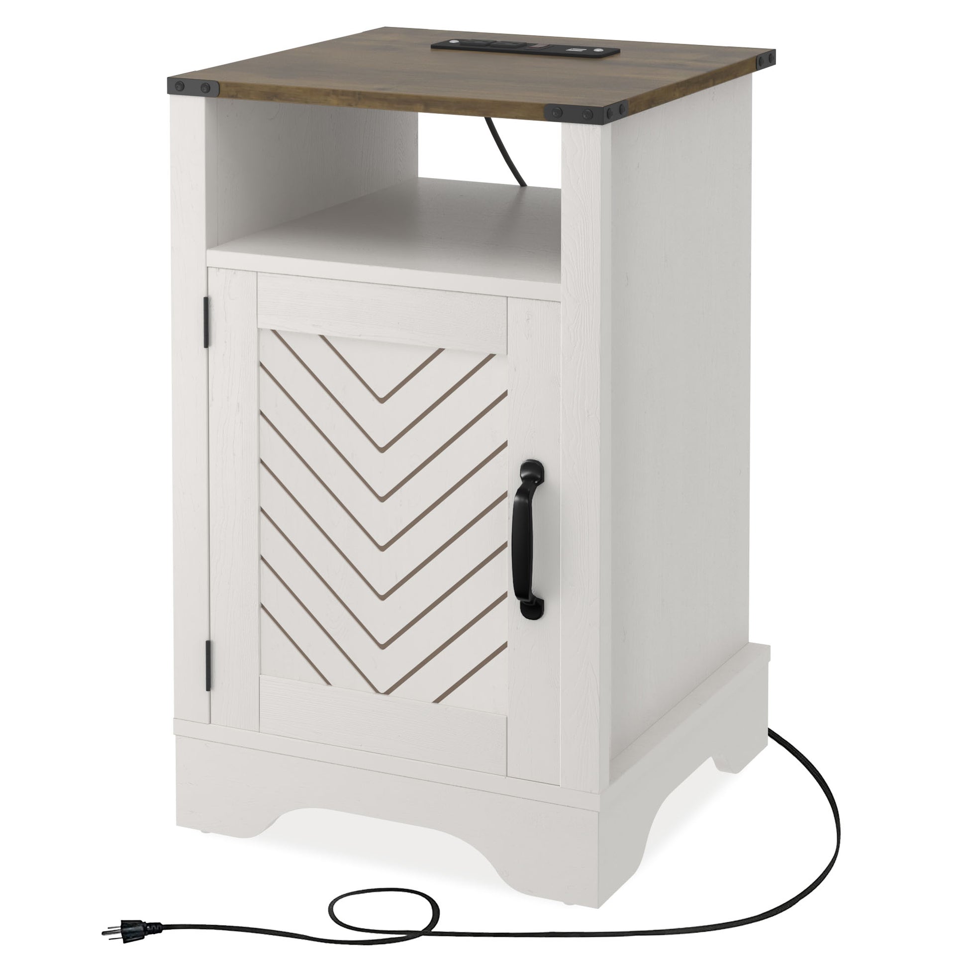 Farmhouse Nightstand Side Table, Wooden Rustic End Table, Tall Bedside Table With Electrical Outlets Charging Station 2 Sets White & Oak White Oak Engineered Wood