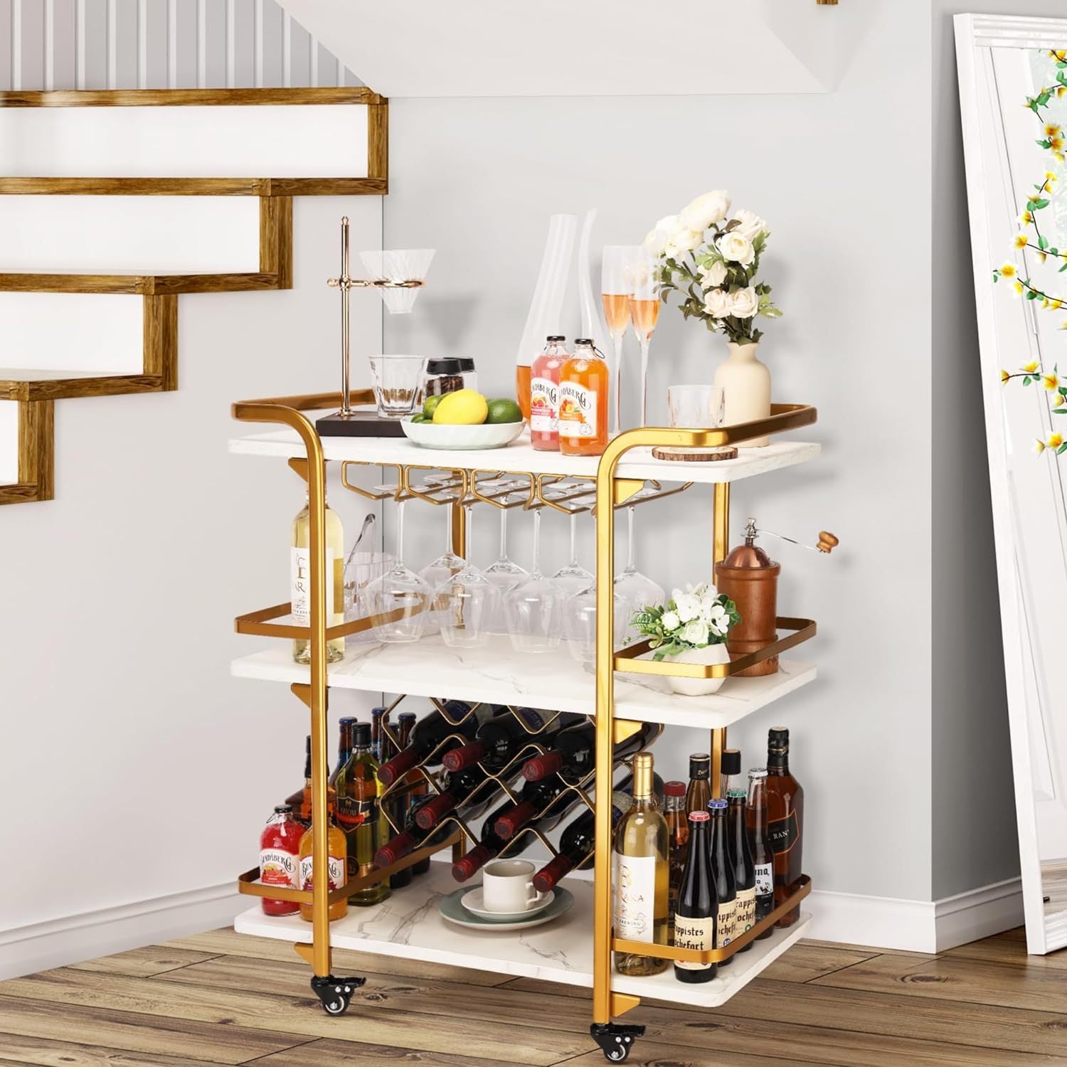 Gold Bar Cart With 3 Tiers For Stylish Storage, Home Bar Serving Cart With 4 Rows Of Glass Holders & 8 Wine Racks, Modern Marbled Solid Wood Cart On Lockable Wheels, Coffee Bar Cart For Kitchen Gold White Metal & Wood